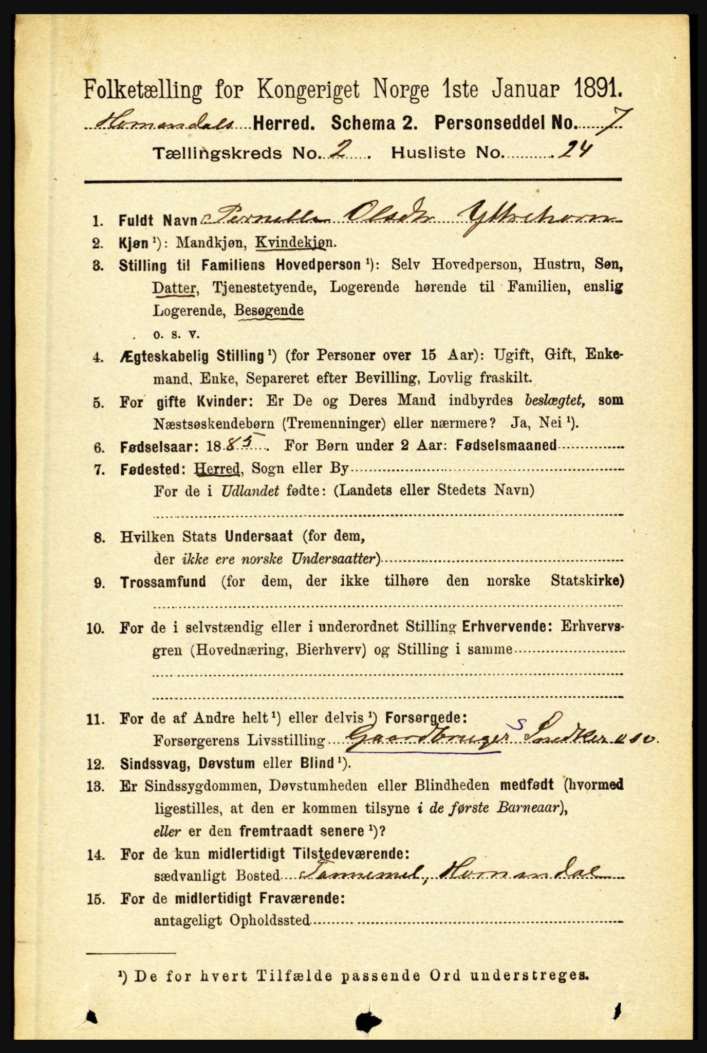 RA, 1891 census for 1444 Hornindal, 1891, p. 498