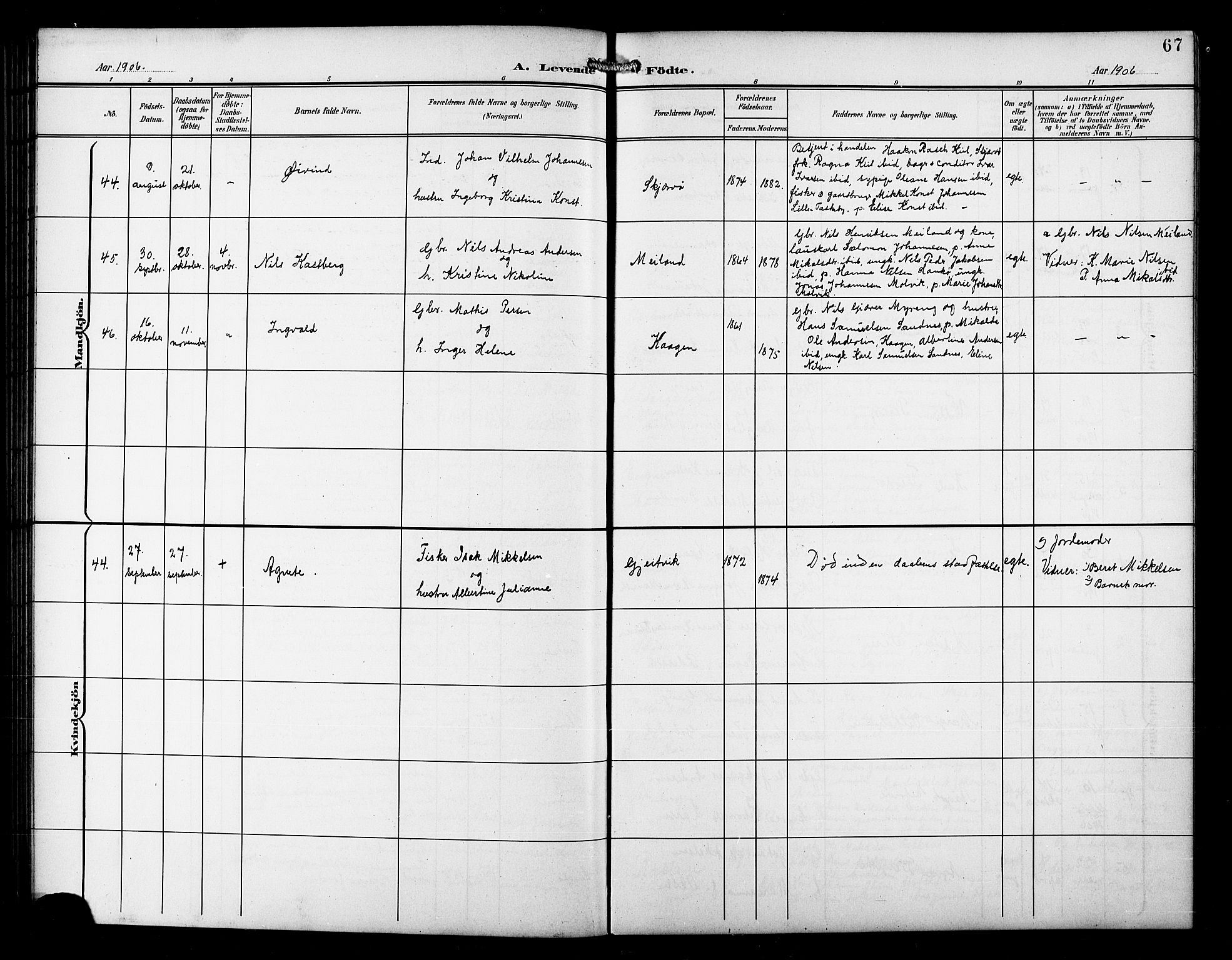 Skjervøy sokneprestkontor, AV/SATØ-S-1300/H/Ha/Hab/L0008klokker: Parish register (copy) no. 8, 1900-1910, p. 67