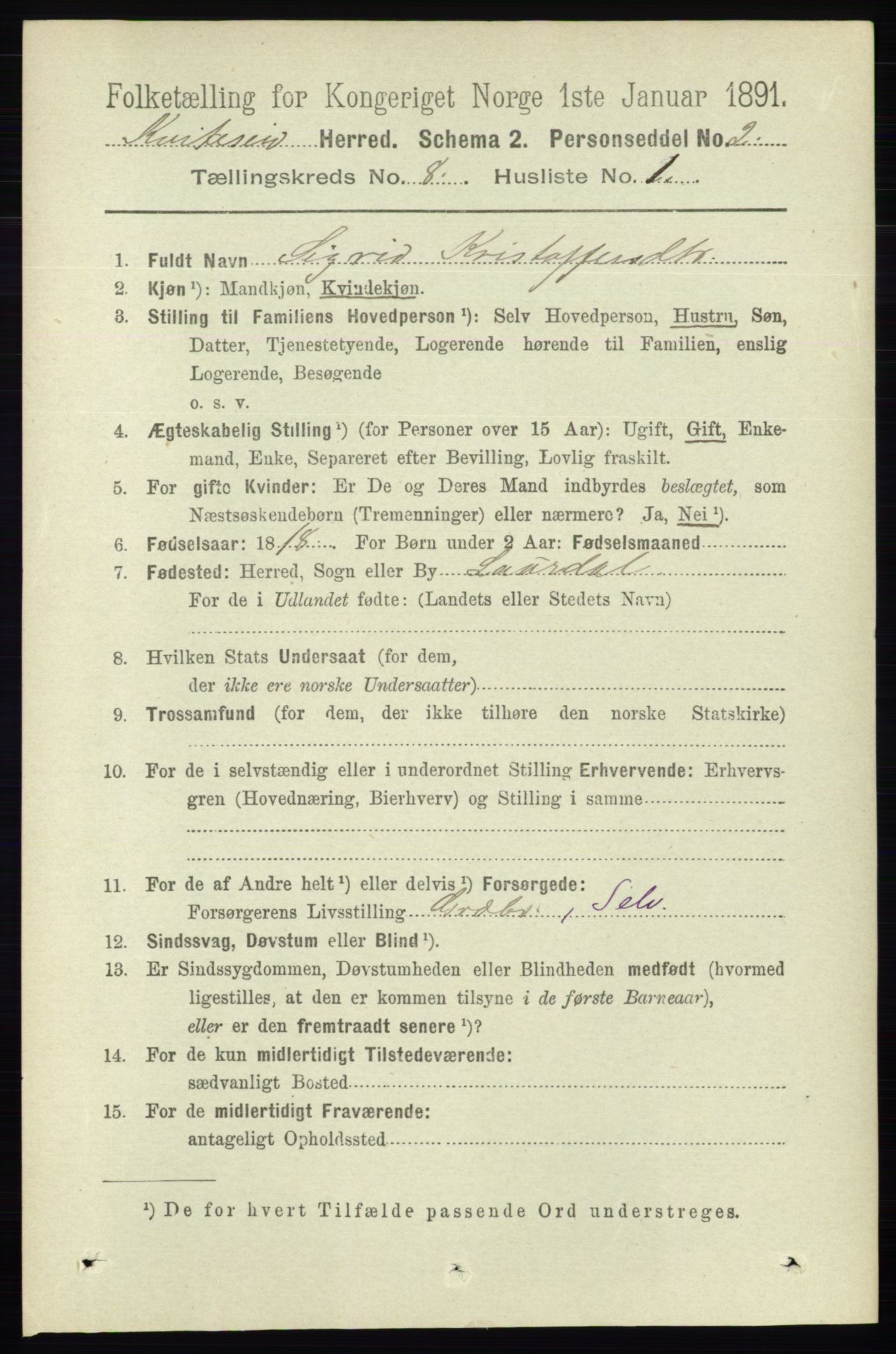 RA, 1891 census for 0829 Kviteseid, 1891, p. 1605