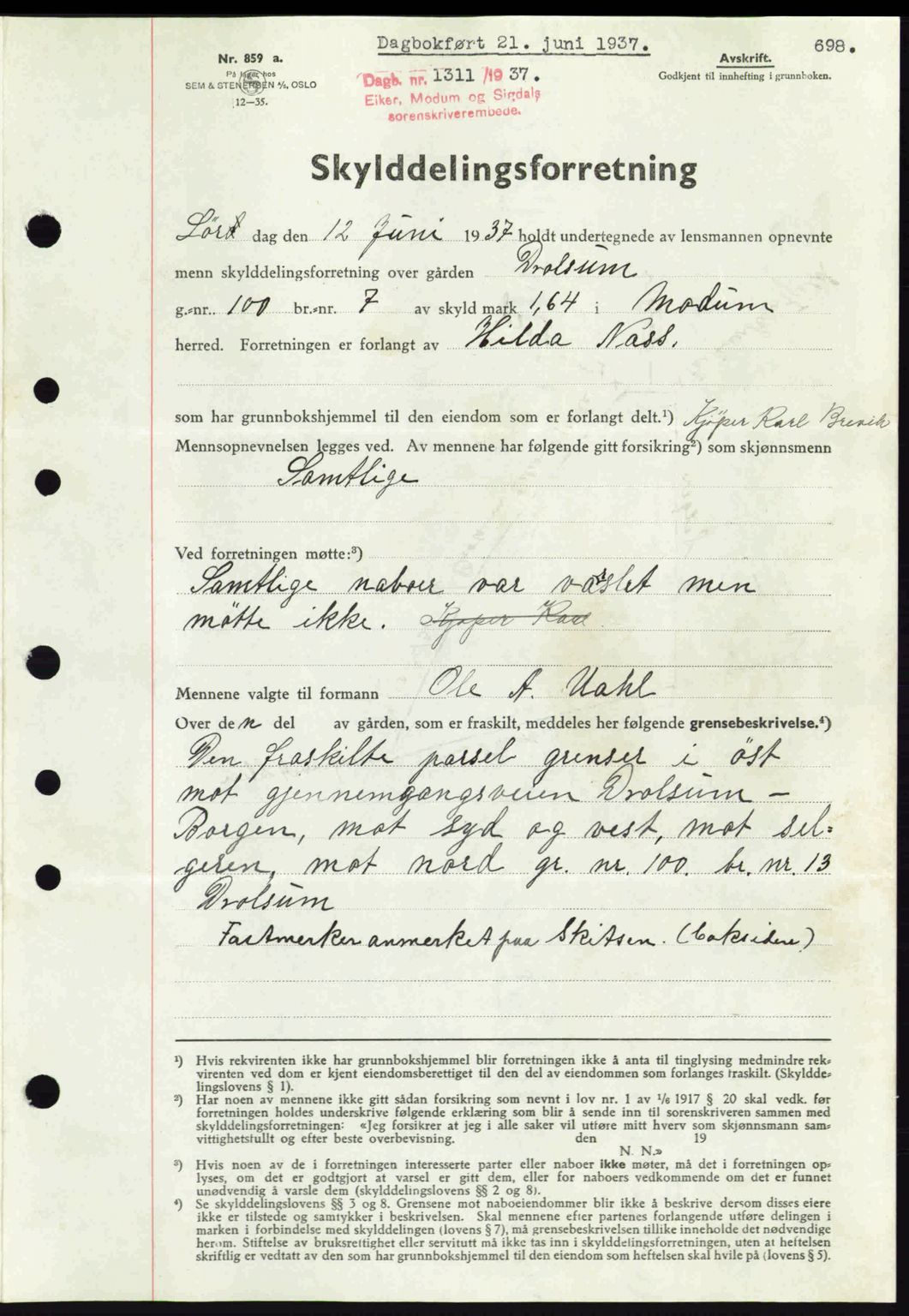 Eiker, Modum og Sigdal sorenskriveri, SAKO/A-123/G/Ga/Gab/L0035: Mortgage book no. A5, 1937-1937, Diary no: : 1311/1937