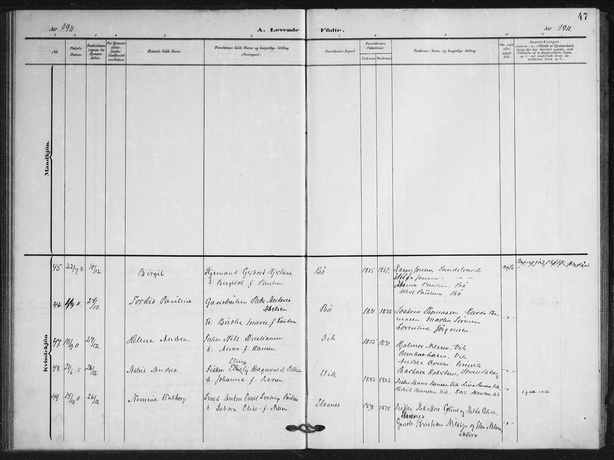 Ministerialprotokoller, klokkerbøker og fødselsregistre - Nordland, AV/SAT-A-1459/895/L1373: Parish register (official) no. 895A08, 1905-1915, p. 47