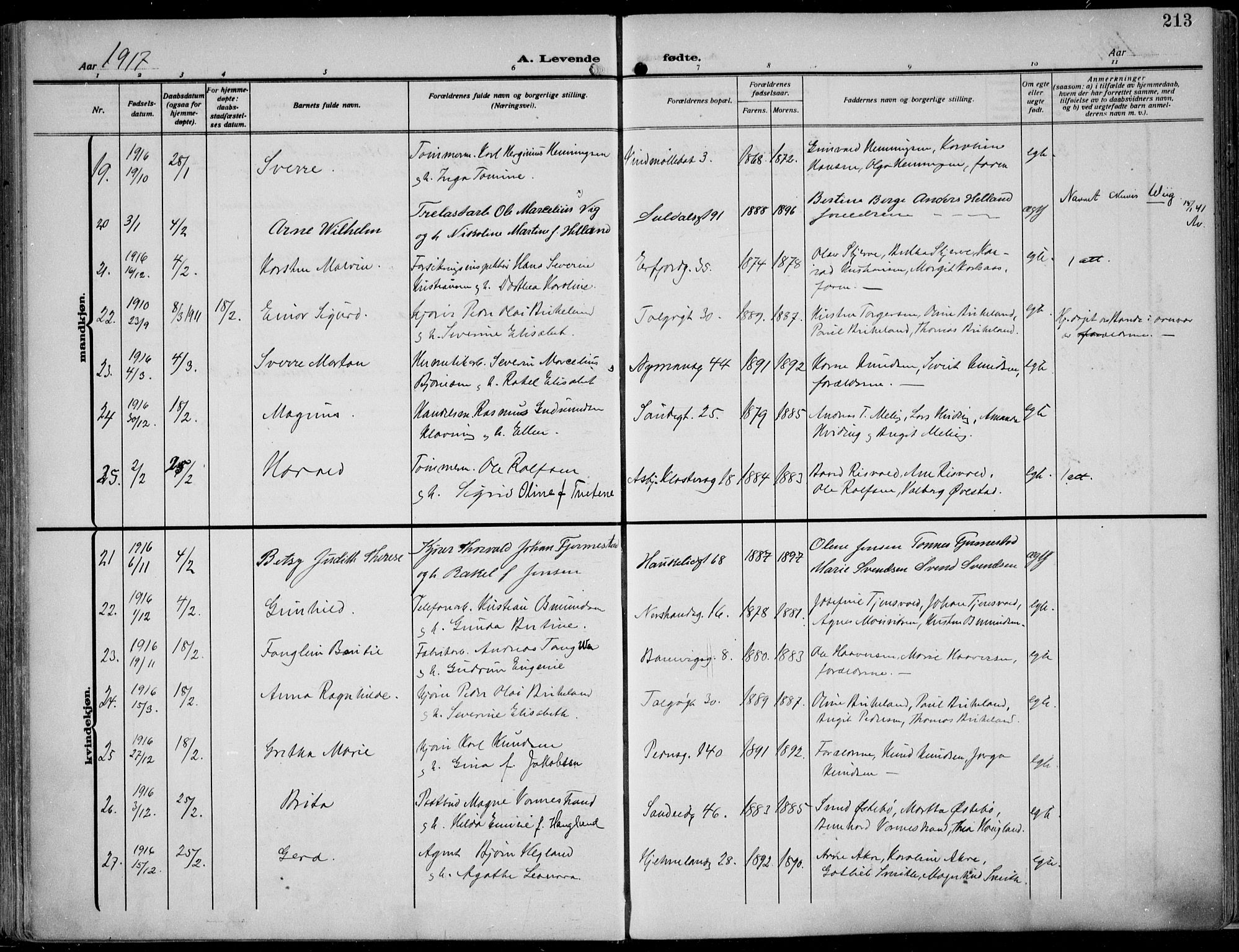 St. Johannes sokneprestkontor, AV/SAST-A-101814/002/B/L0002: Parish register (official) no. A 9, 1911-1921, p. 213