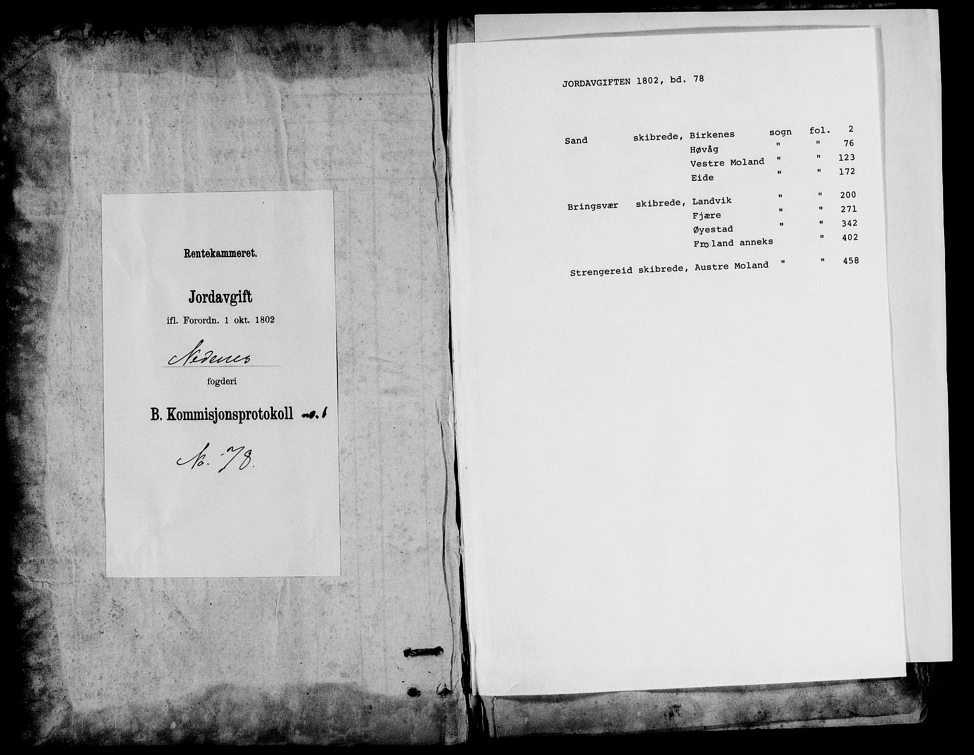 Rentekammeret inntil 1814, Realistisk ordnet avdeling, RA/EA-4070/N/Ne/Nea/L0078: Nedenes fogderi. Kommisjonsprotokoll "Nr. 1", for Sand og Bringsvær skipreider, 1803, p. 1