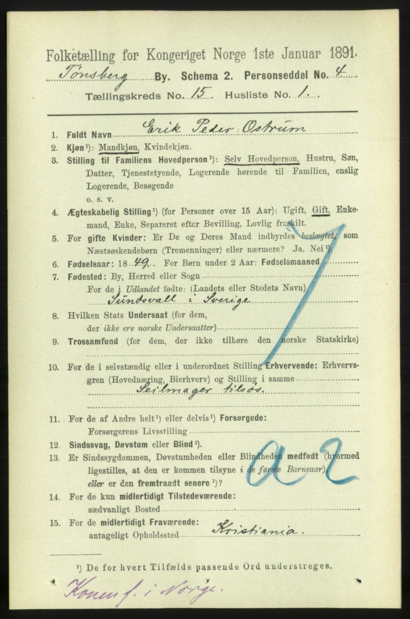 RA, 1891 census for 0705 Tønsberg, 1891, p. 4677