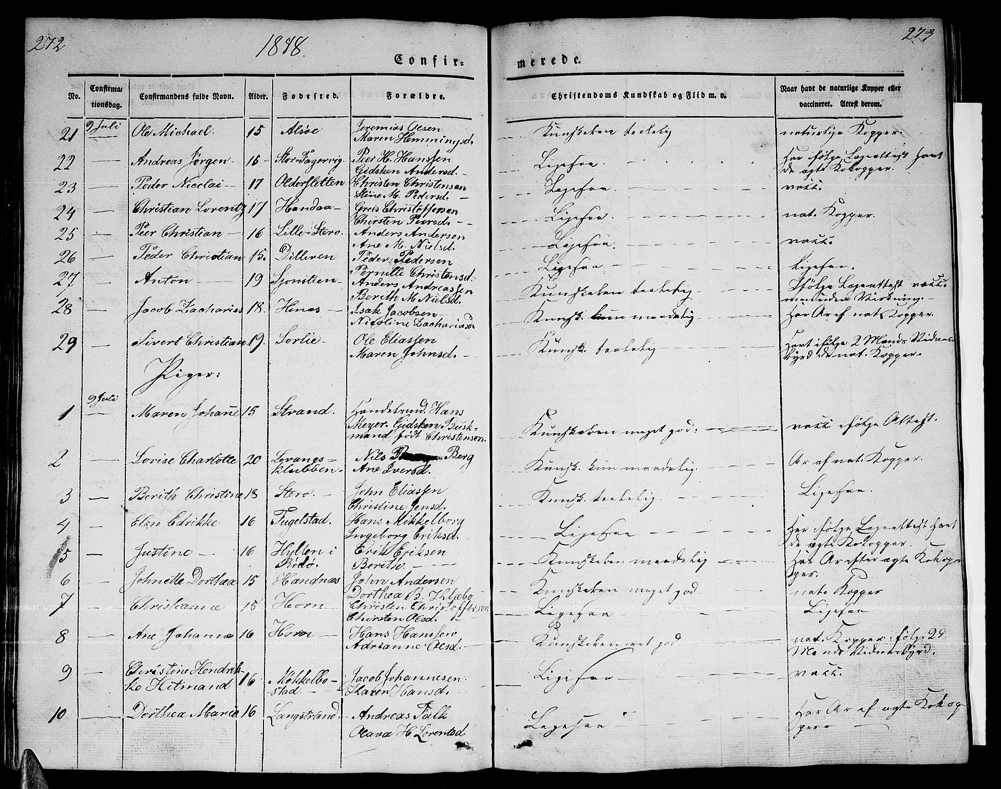 Ministerialprotokoller, klokkerbøker og fødselsregistre - Nordland, AV/SAT-A-1459/838/L0555: Parish register (copy) no. 838C02, 1842-1861, p. 272-273