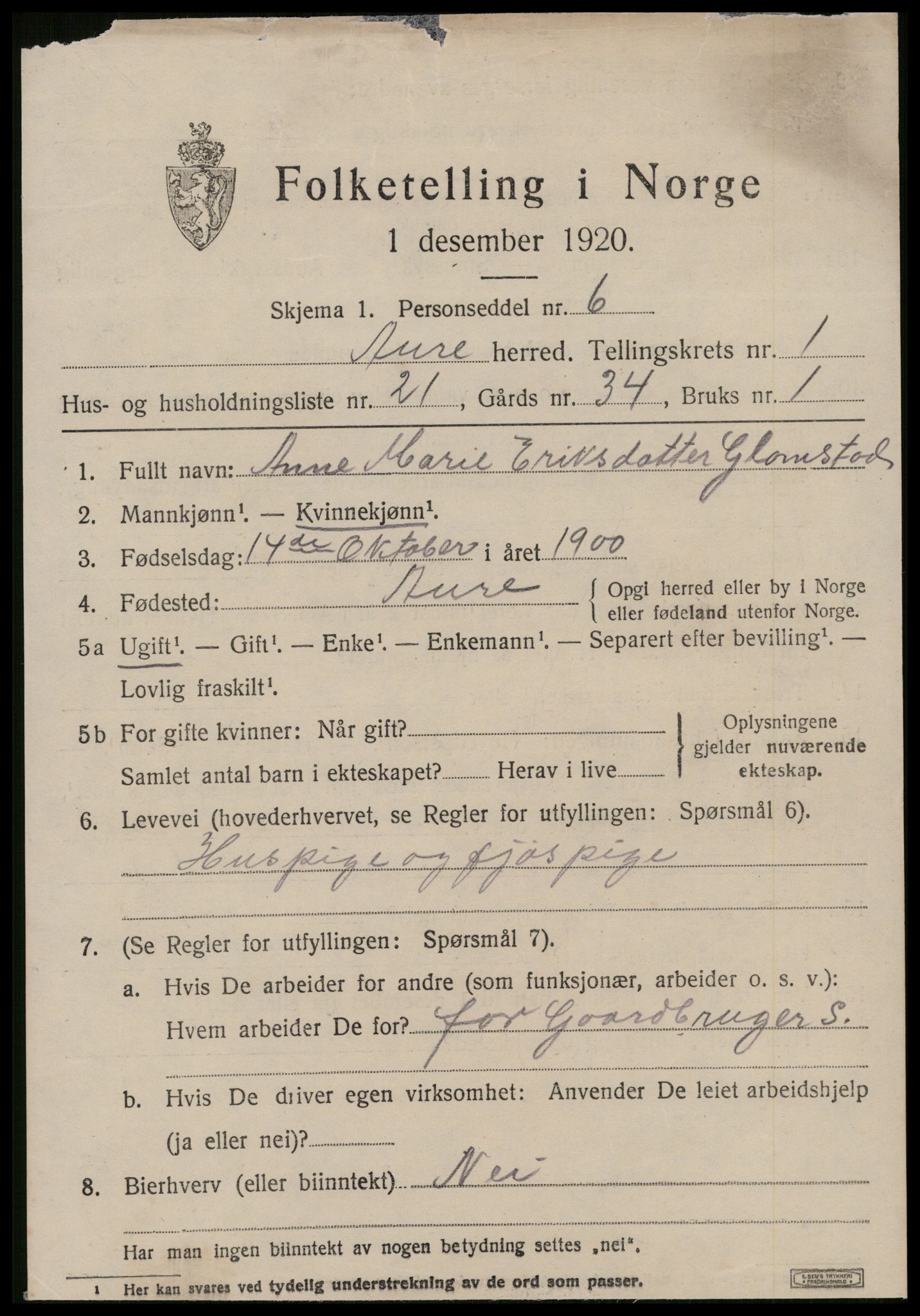 SAT, 1920 census for Aure, 1920, p. 1152