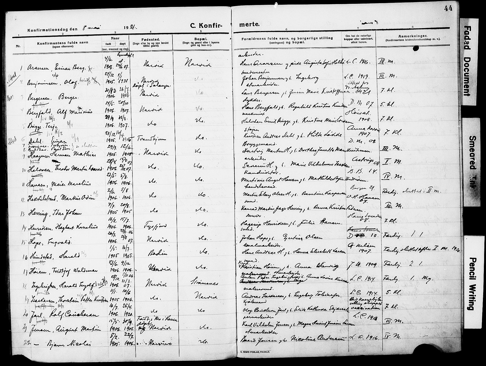 Ministerialprotokoller, klokkerbøker og fødselsregistre - Nordland, AV/SAT-A-1459/871/L0989: Parish register (official) no. 871A05, 1915-1922, p. 44