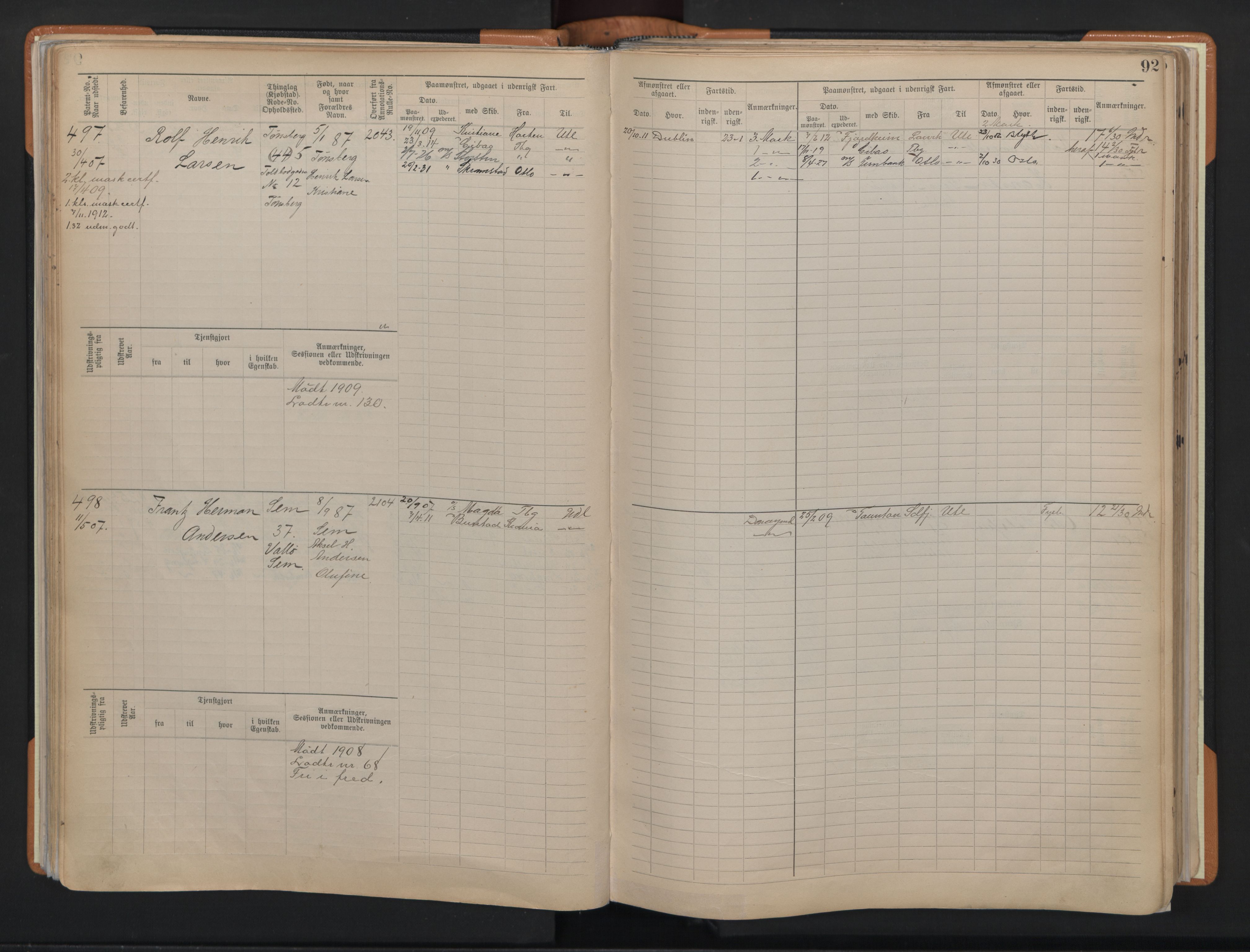 Tønsberg innrulleringskontor, AV/SAKO-A-786/F/Fe/L0004: Maskinist- og fyrbøterrulle Patent nr. 315-1079, 1902-1922, p. 92