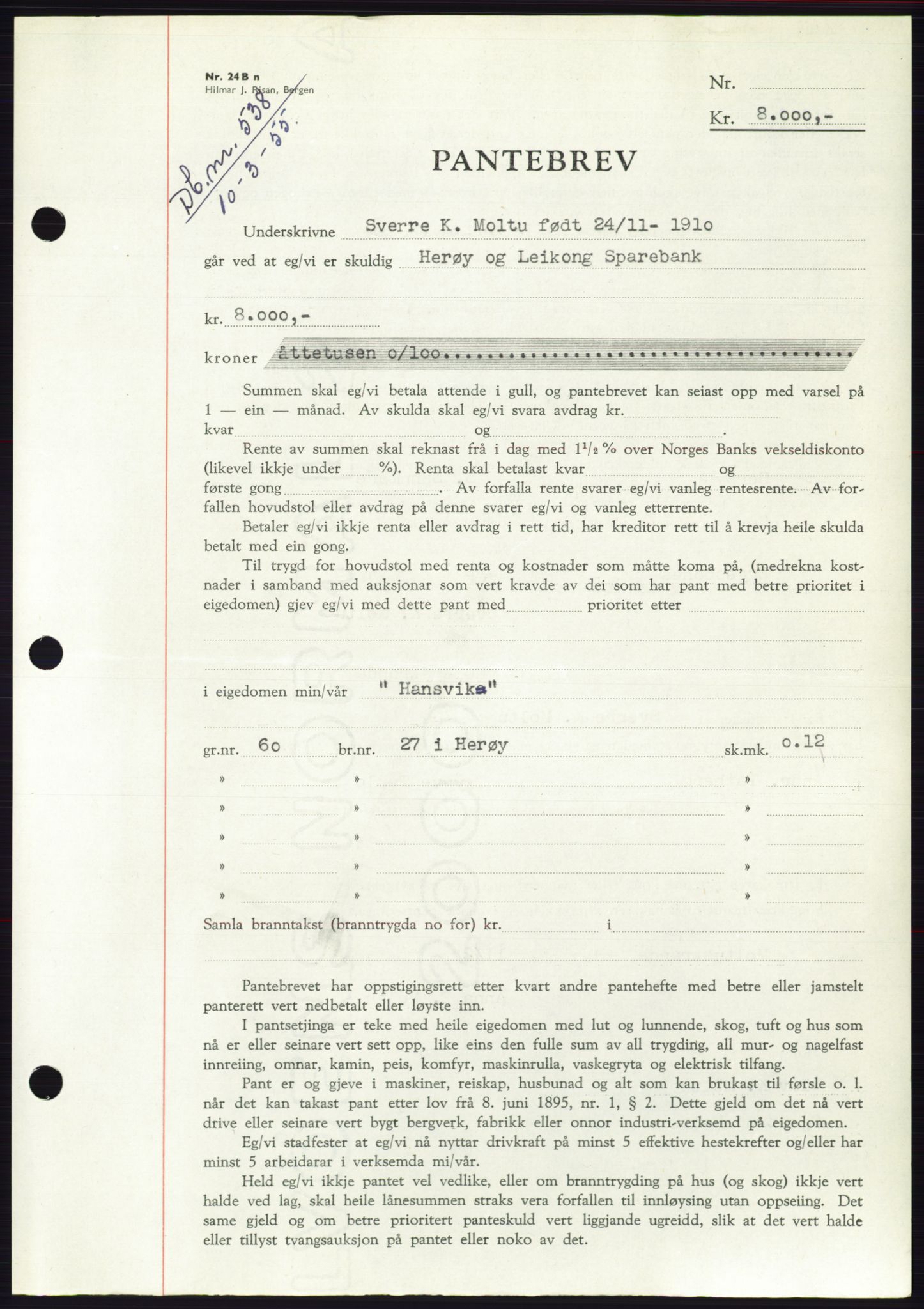 Søre Sunnmøre sorenskriveri, AV/SAT-A-4122/1/2/2C/L0126: Mortgage book no. 14B, 1954-1955, Diary no: : 538/1955