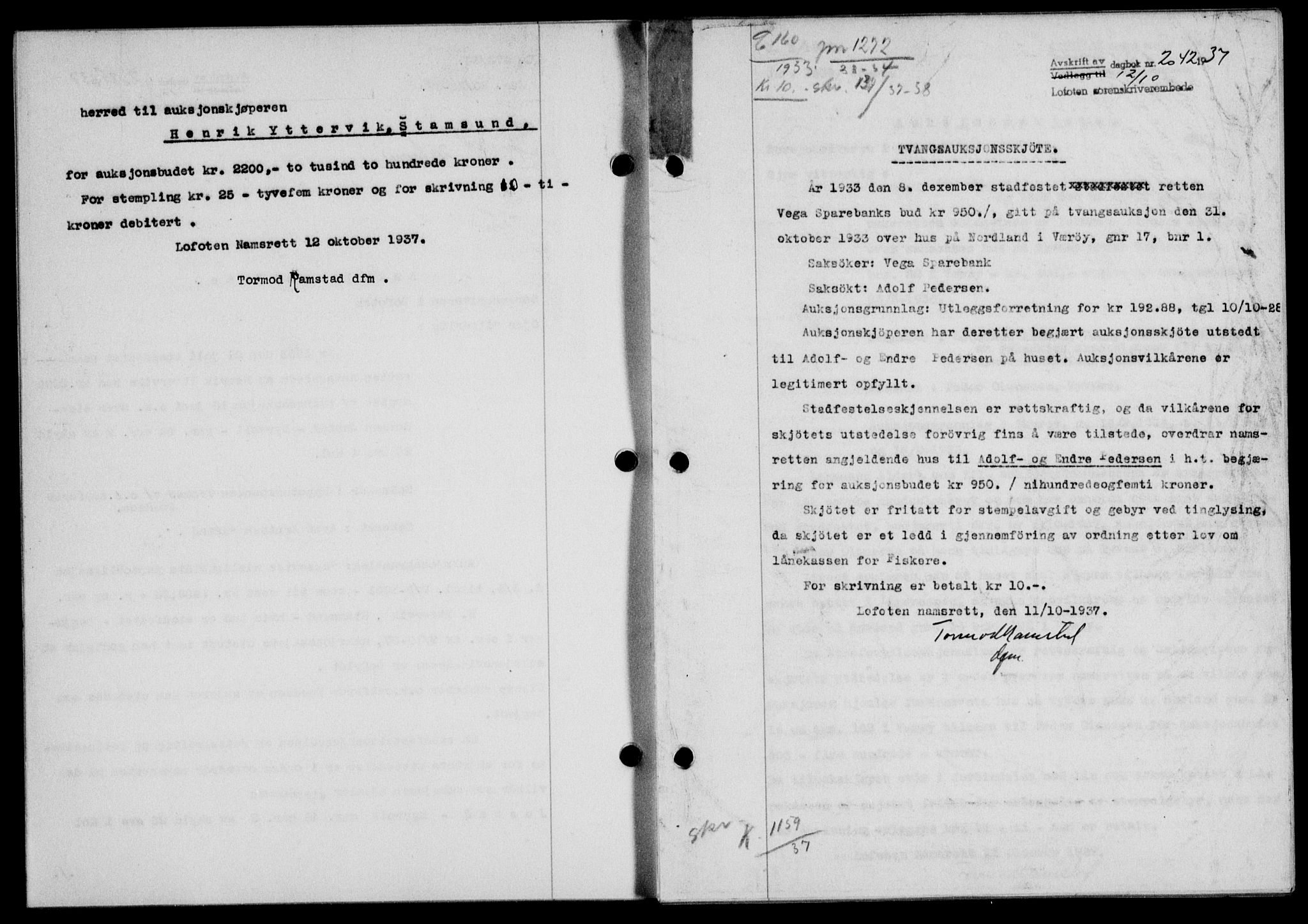 Lofoten sorenskriveri, SAT/A-0017/1/2/2C/L0003a: Mortgage book no. 3a, 1937-1938, Diary no: : 2042/1937