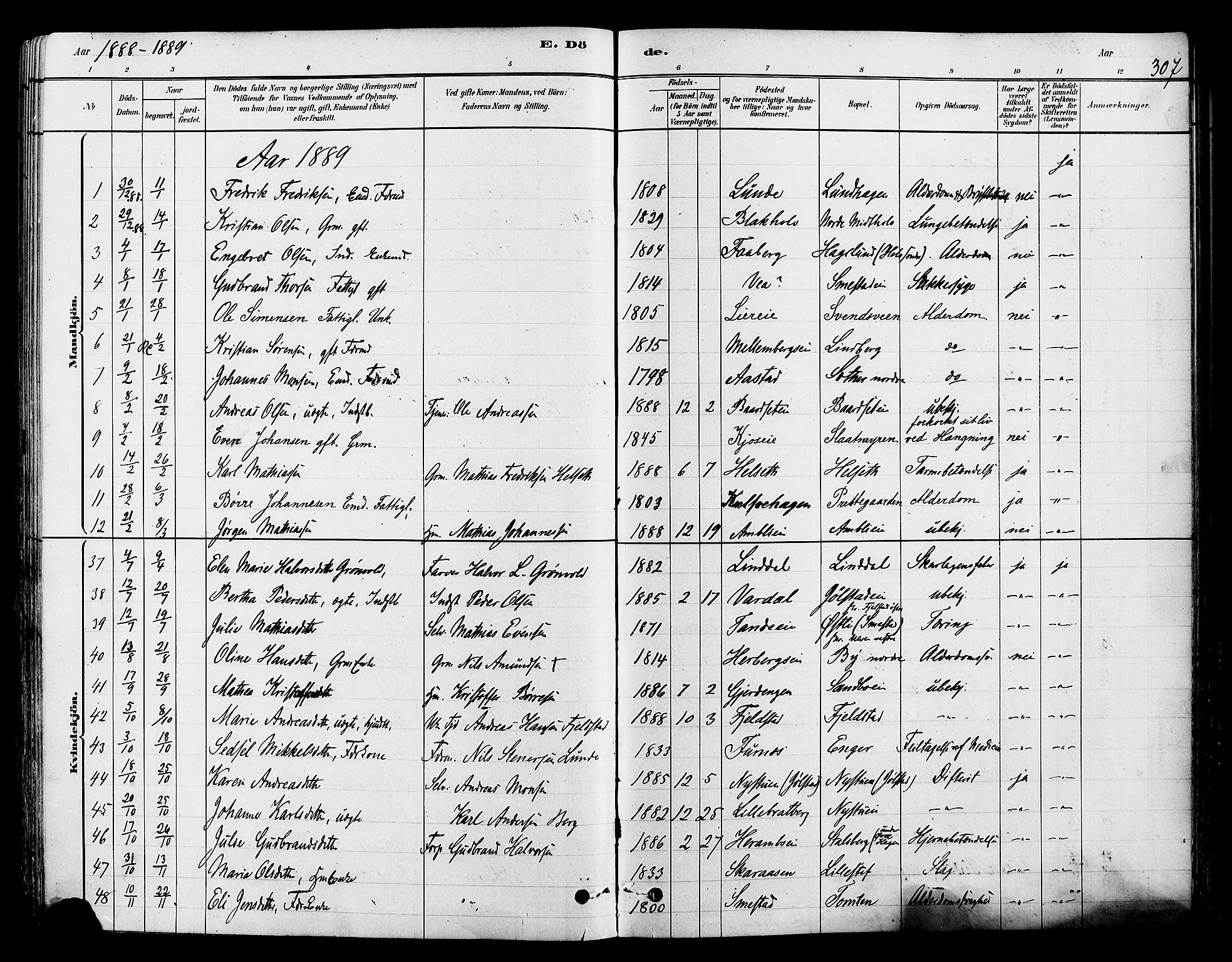 Ringsaker prestekontor, SAH/PREST-014/L/La/L0009: Parish register (copy) no. 9, 1879-1890, p. 307
