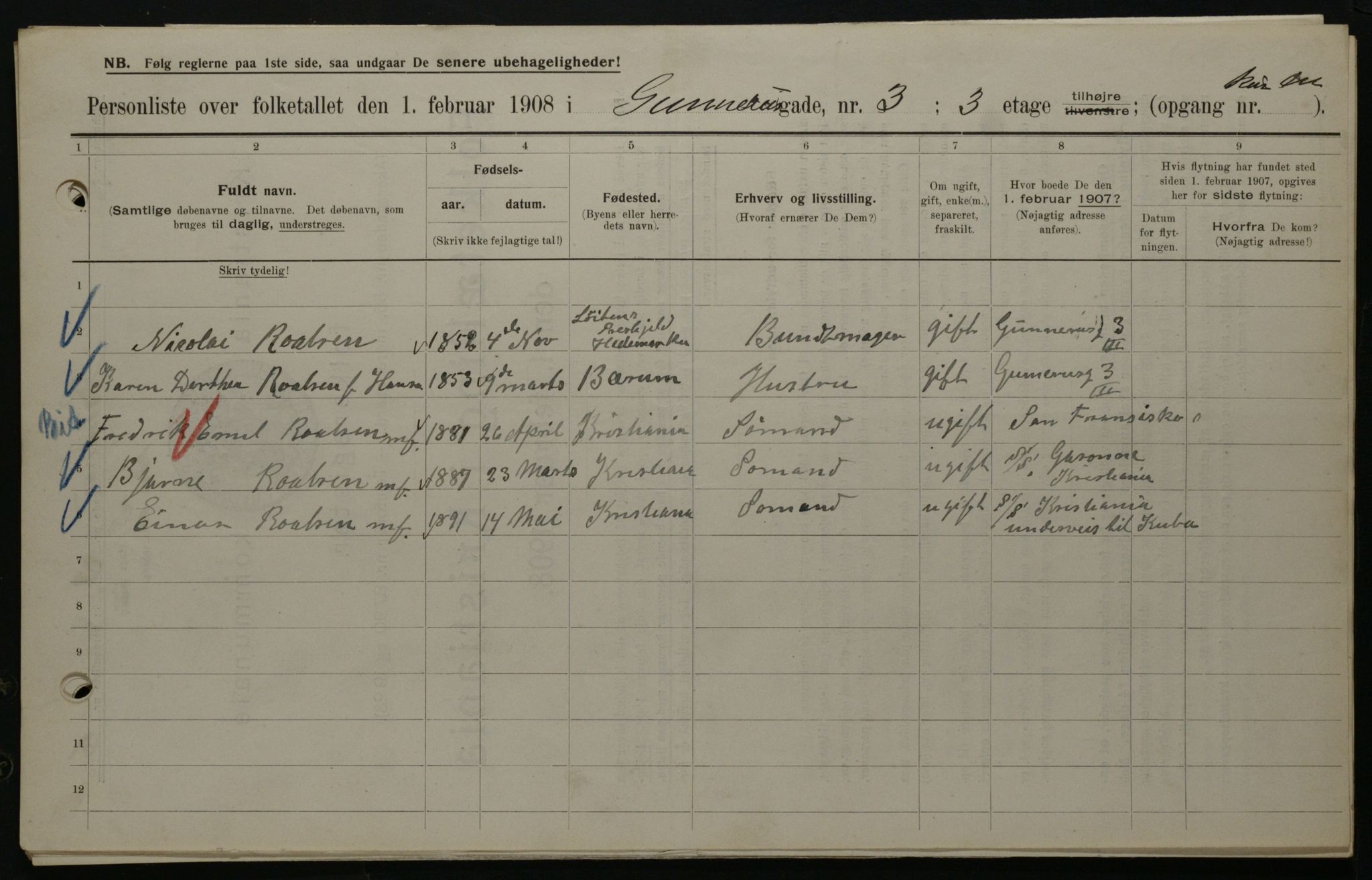 OBA, Municipal Census 1908 for Kristiania, 1908, p. 5111