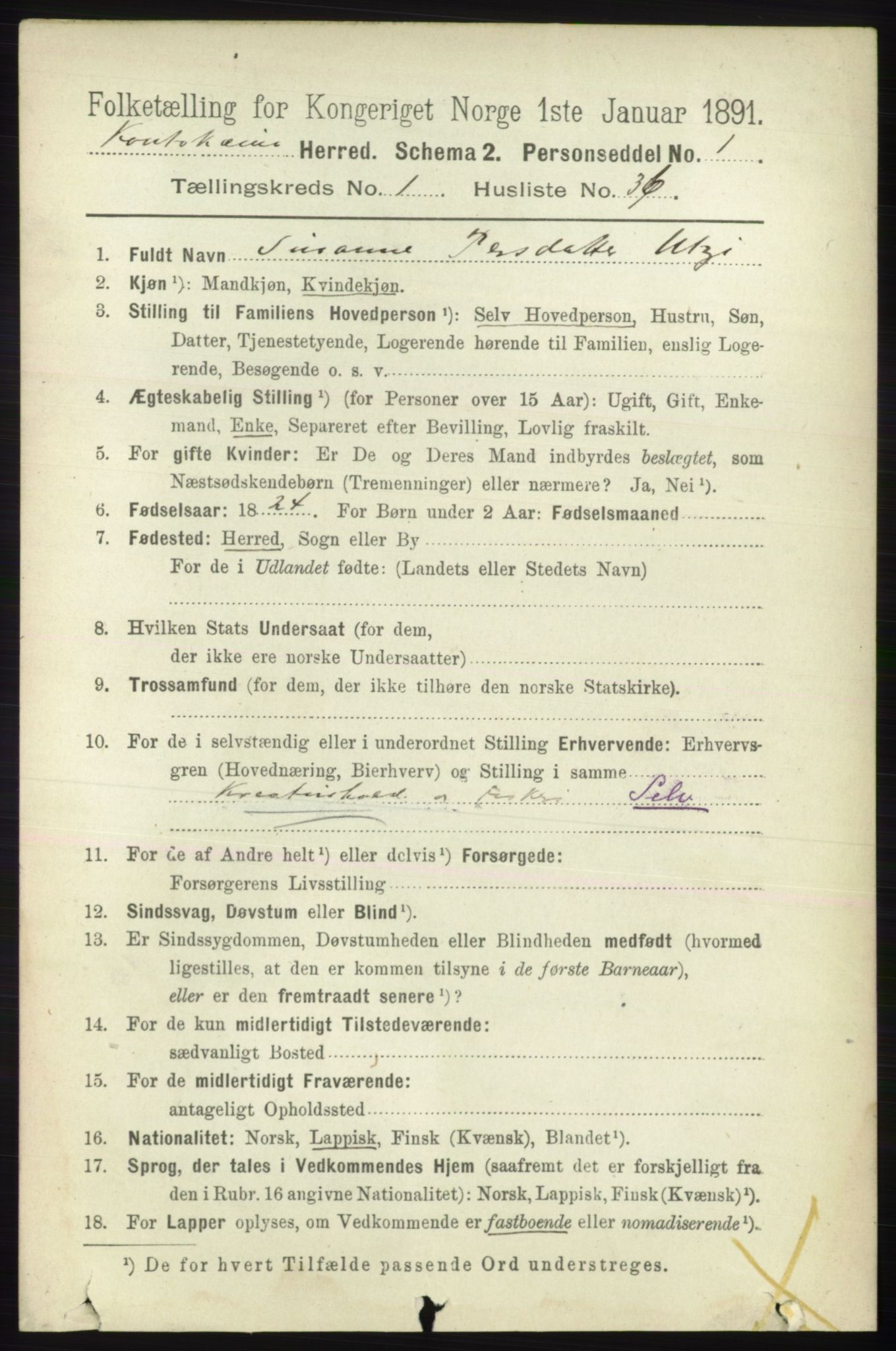 RA, 1891 census for 2011 Kautokeino, 1891, p. 262