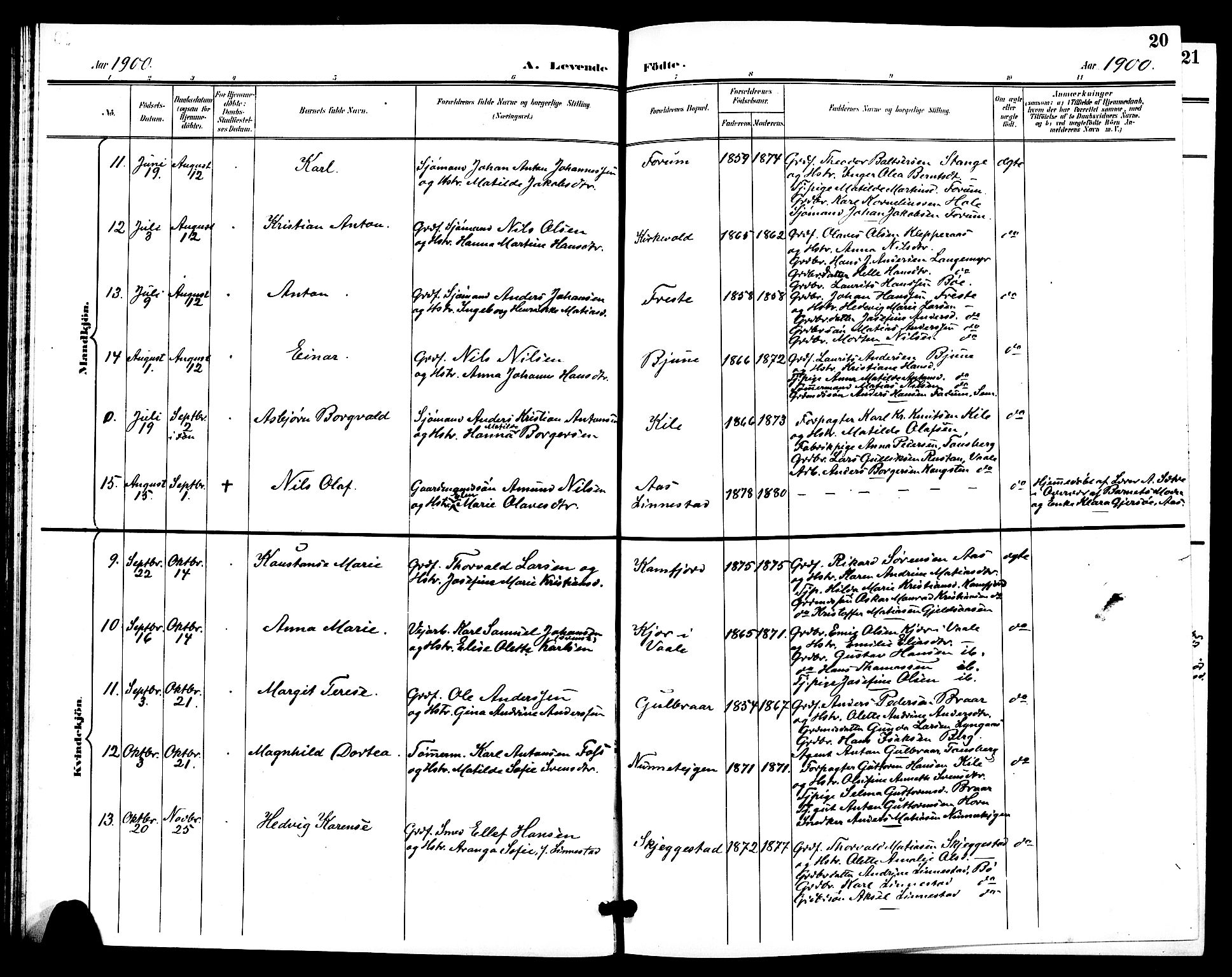 Ramnes kirkebøker, AV/SAKO-A-314/G/Ga/L0004: Parish register (copy) no. I 4, 1896-1911, p. 20