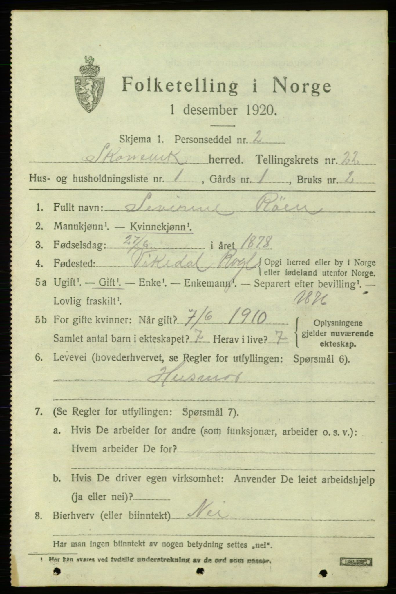 SAB, 1920 census for Skånevik, 1920, p. 8135