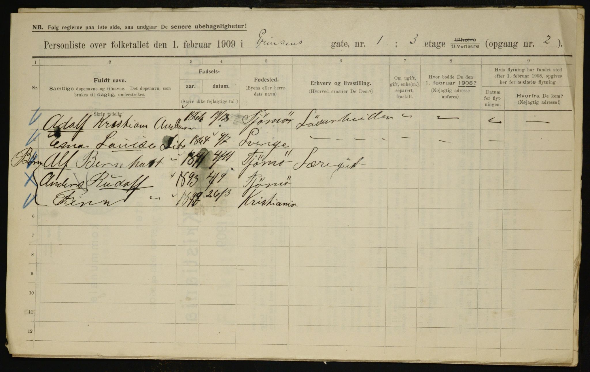 OBA, Municipal Census 1909 for Kristiania, 1909, p. 73496