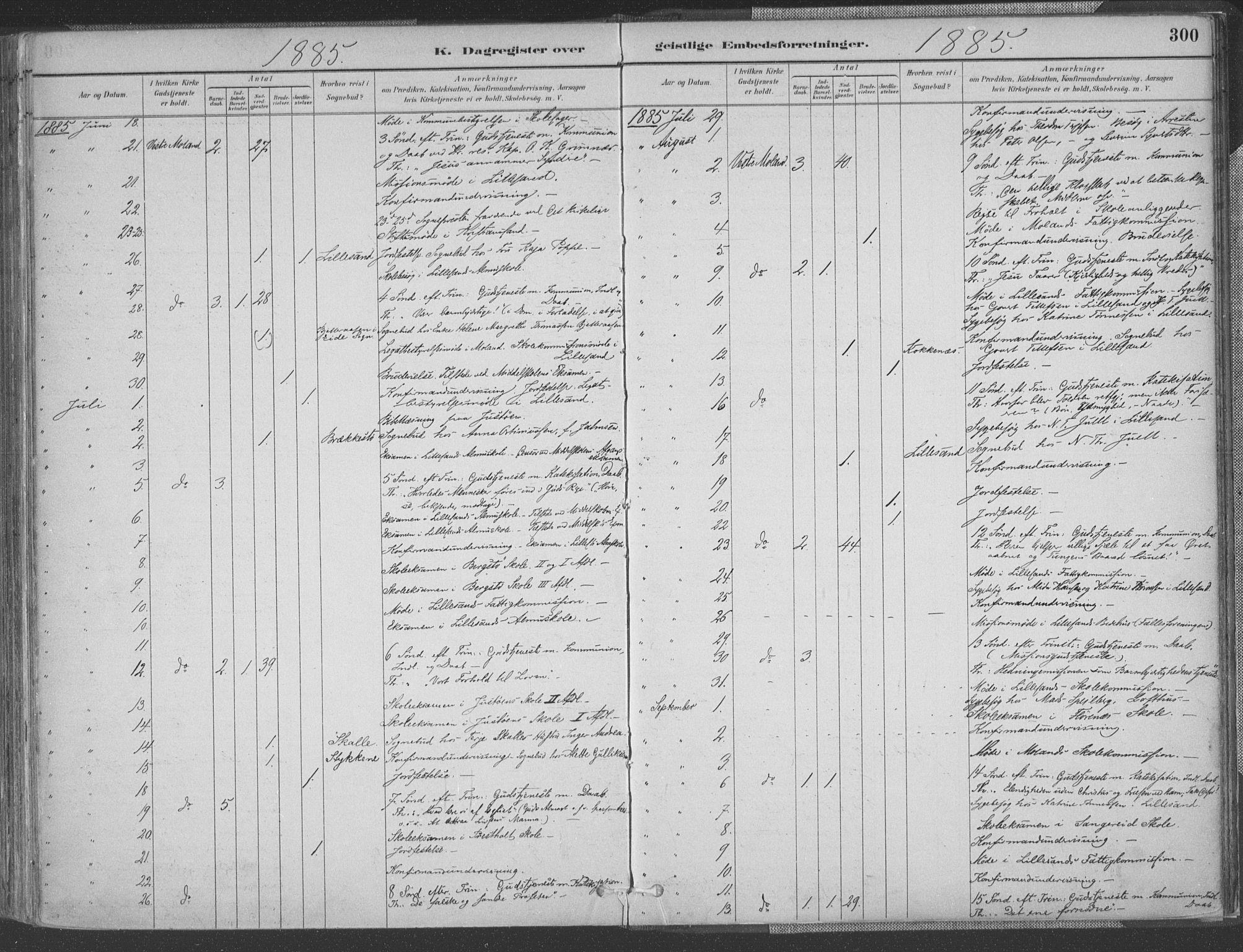 Vestre Moland sokneprestkontor, AV/SAK-1111-0046/F/Fa/Fab/L0009: Parish register (official) no. A 9, 1884-1899, p. 300