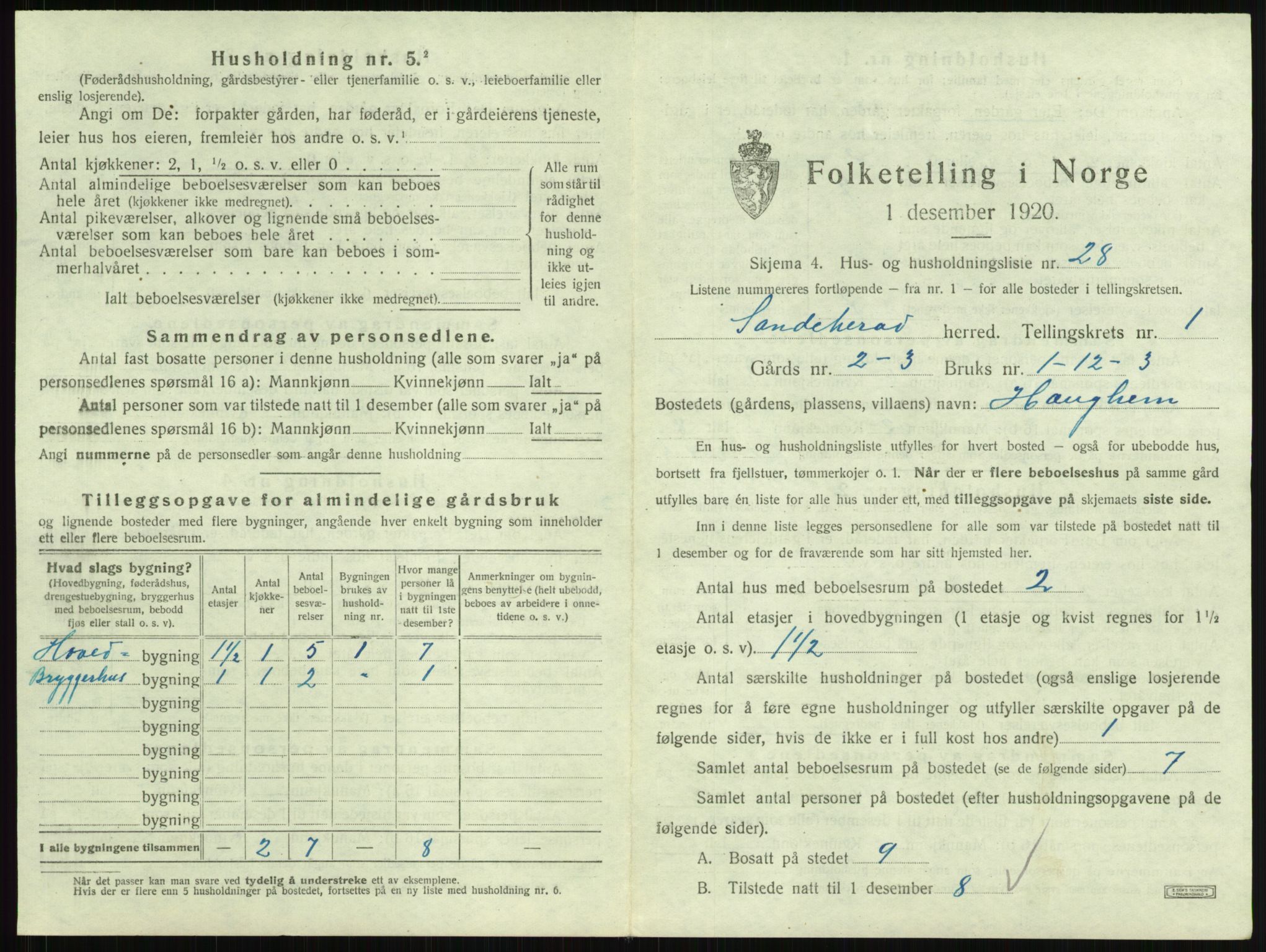 SAKO, 1920 census for Sandeherred, 1920, p. 133