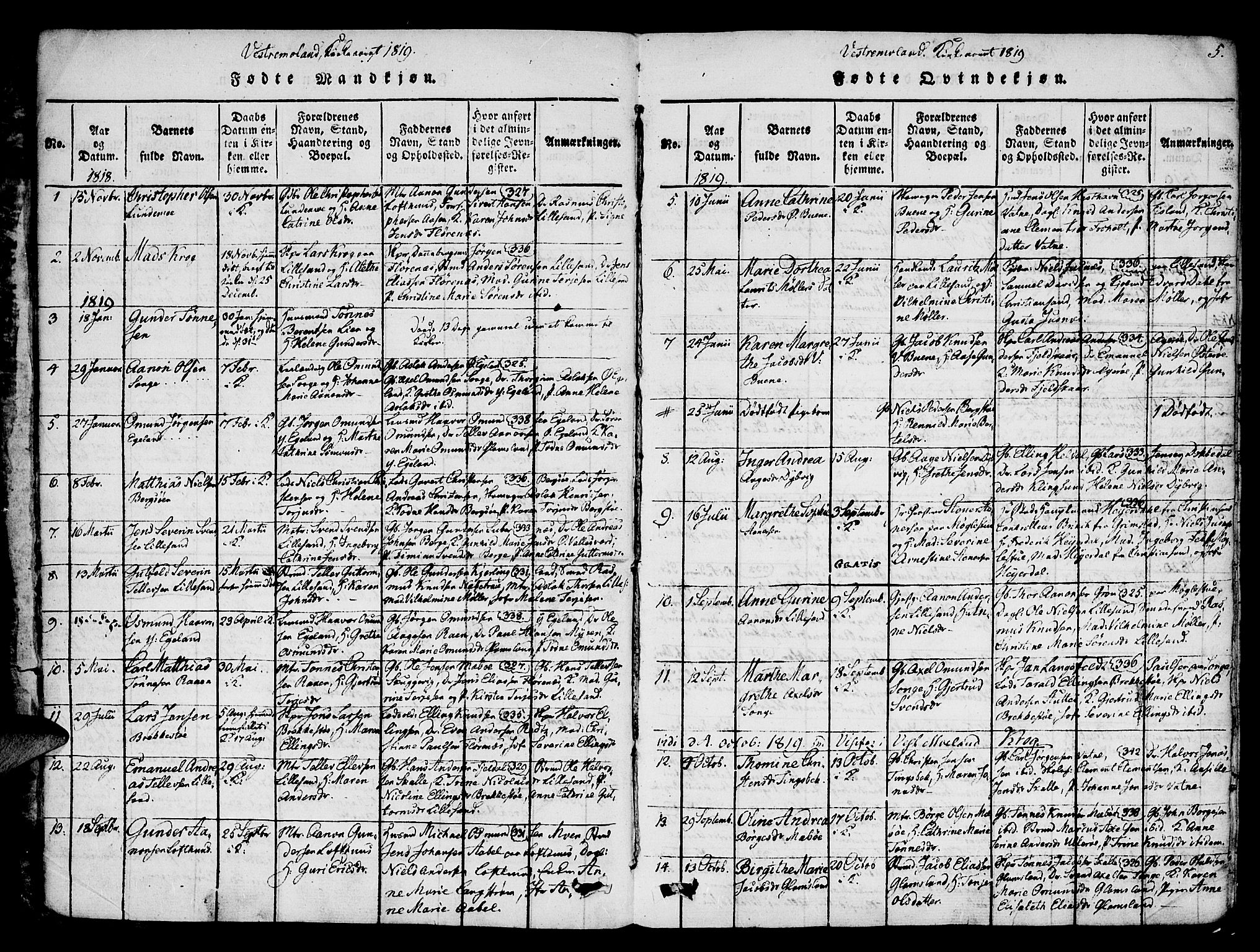 Vestre Moland sokneprestkontor, SAK/1111-0046/F/Fa/Fab/L0003: Parish register (official) no. A 3, 1816-1843, p. 5