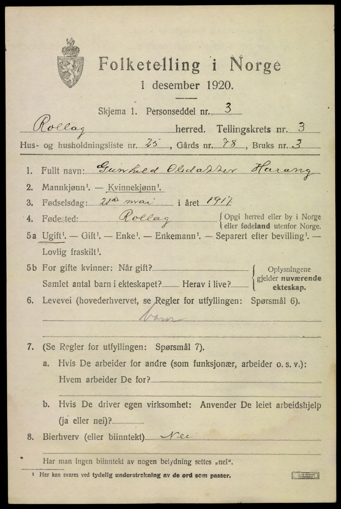 SAKO, 1920 census for Rollag, 1920, p. 1776