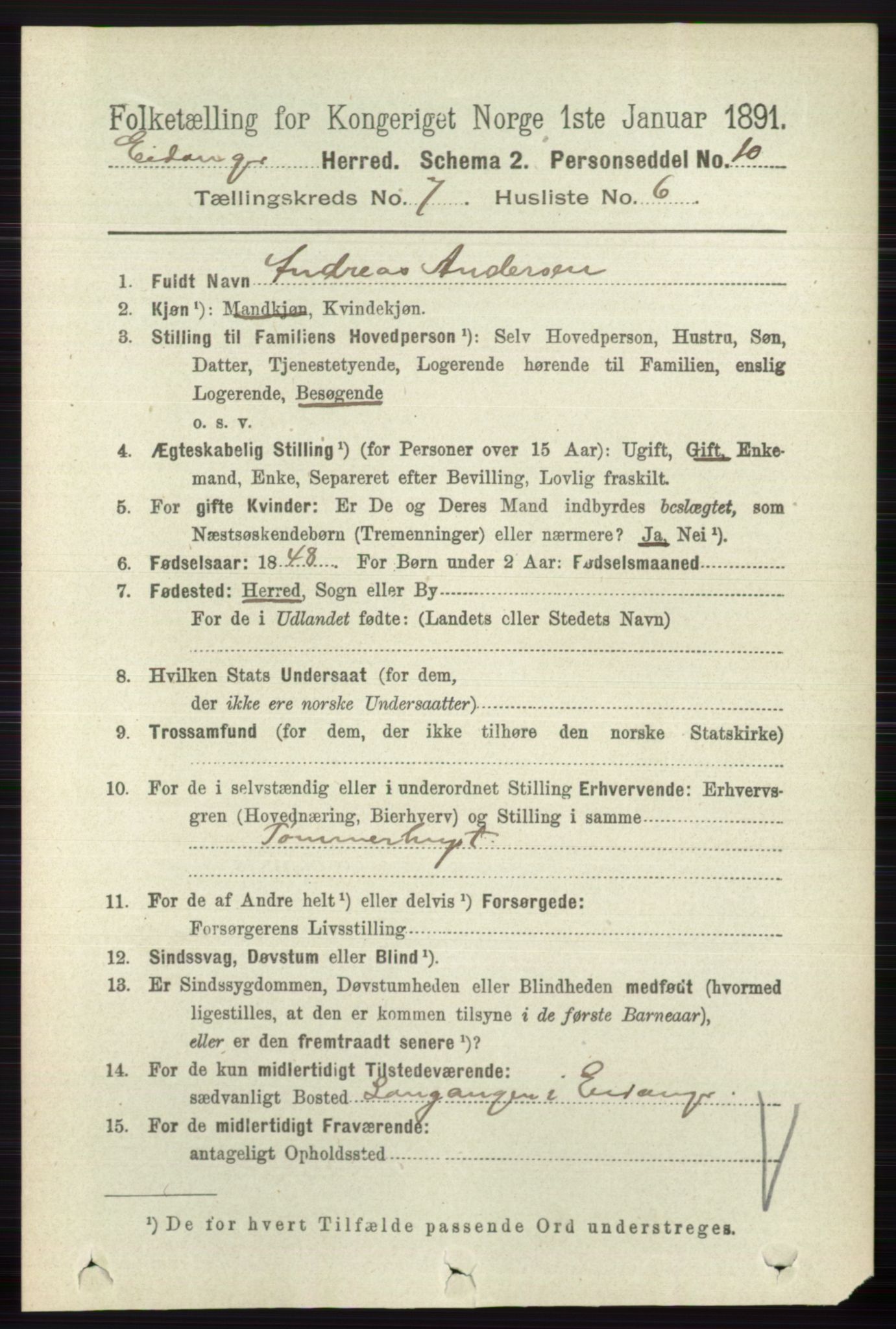 RA, 1891 census for 0813 Eidanger, 1891, p. 2780