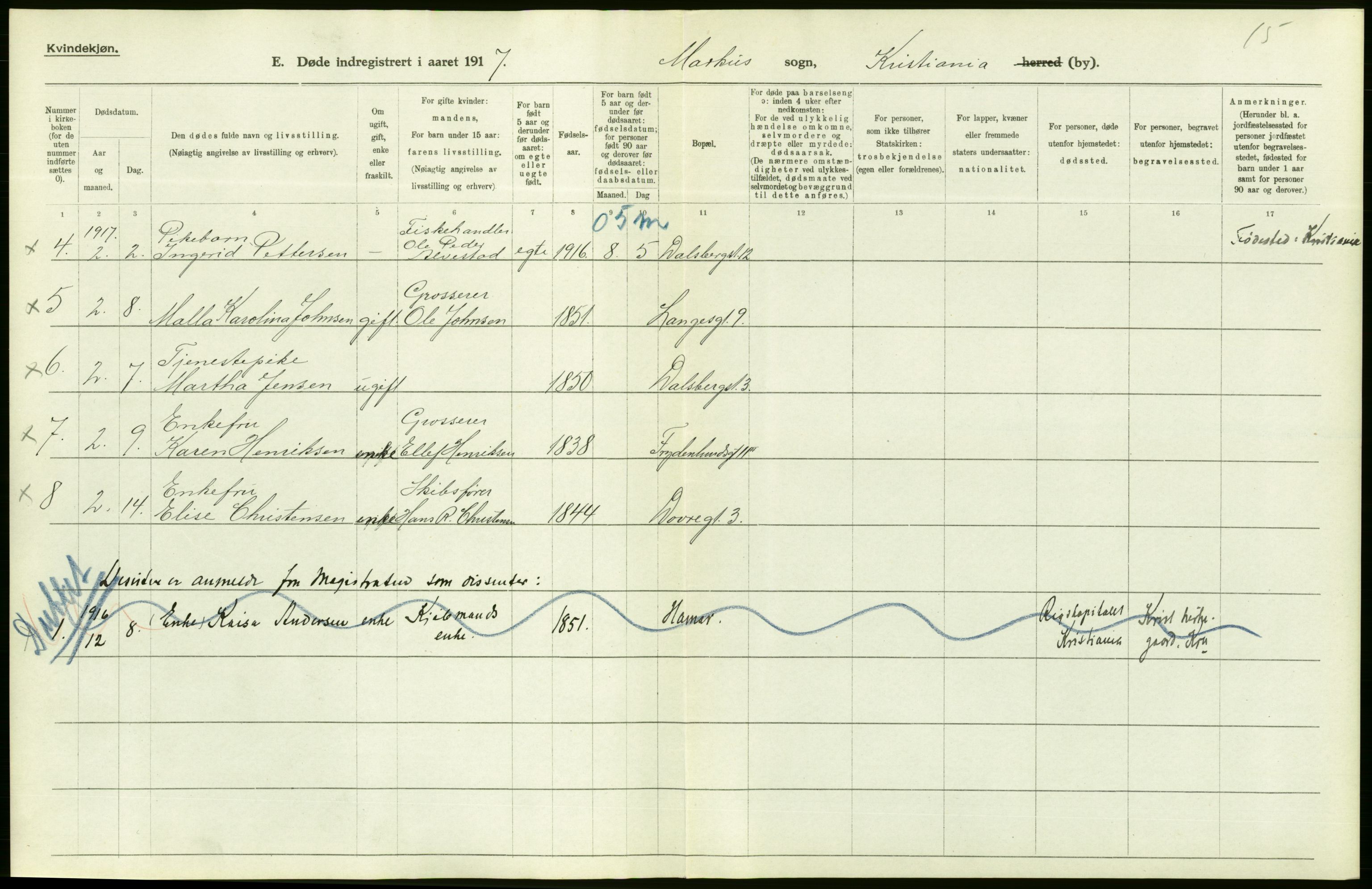 Statistisk sentralbyrå, Sosiodemografiske emner, Befolkning, AV/RA-S-2228/D/Df/Dfb/Dfbg/L0010: Kristiania: Døde, 1917, p. 4