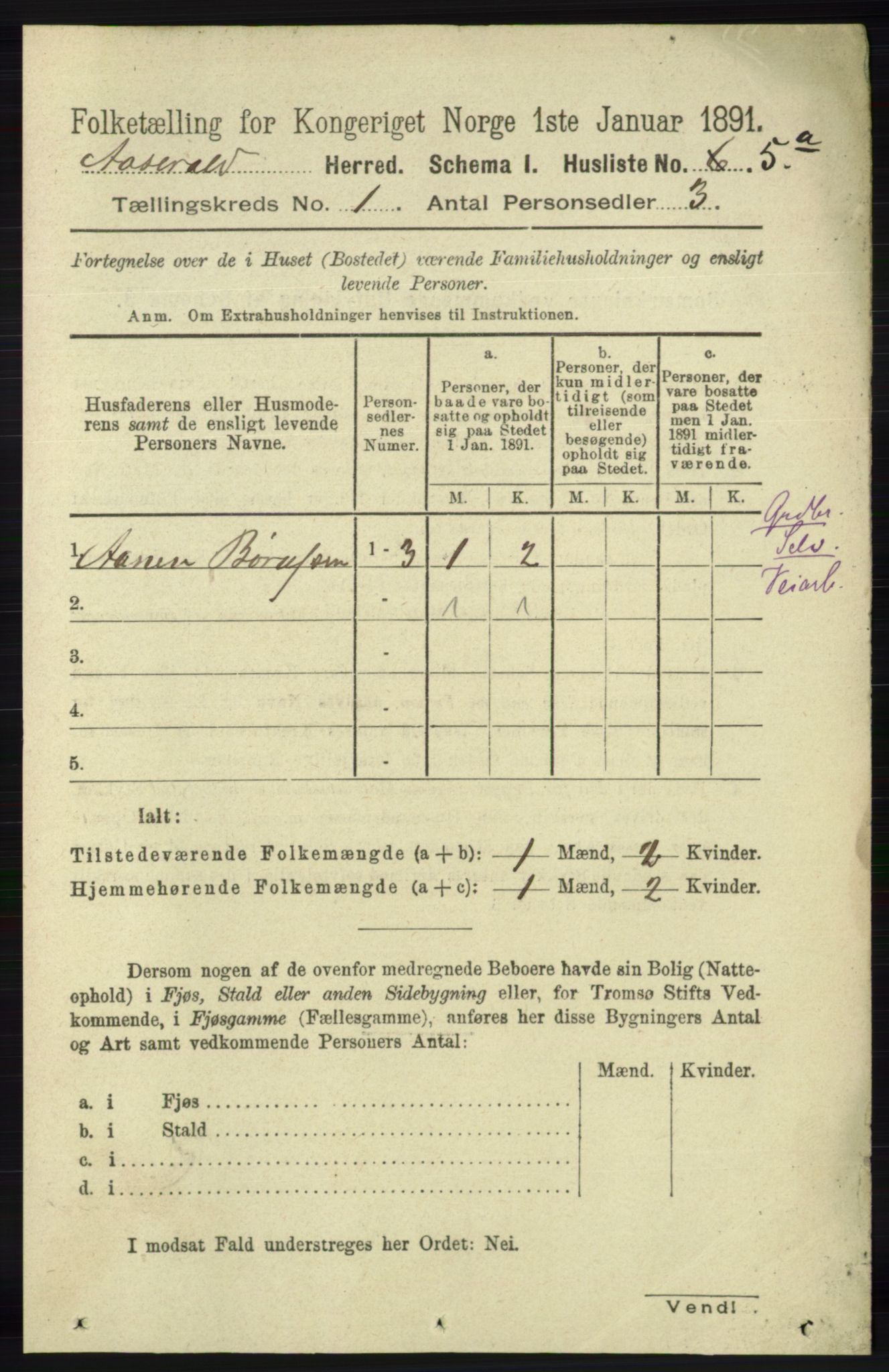 RA, 1891 census for 1026 Åseral, 1891, p. 20