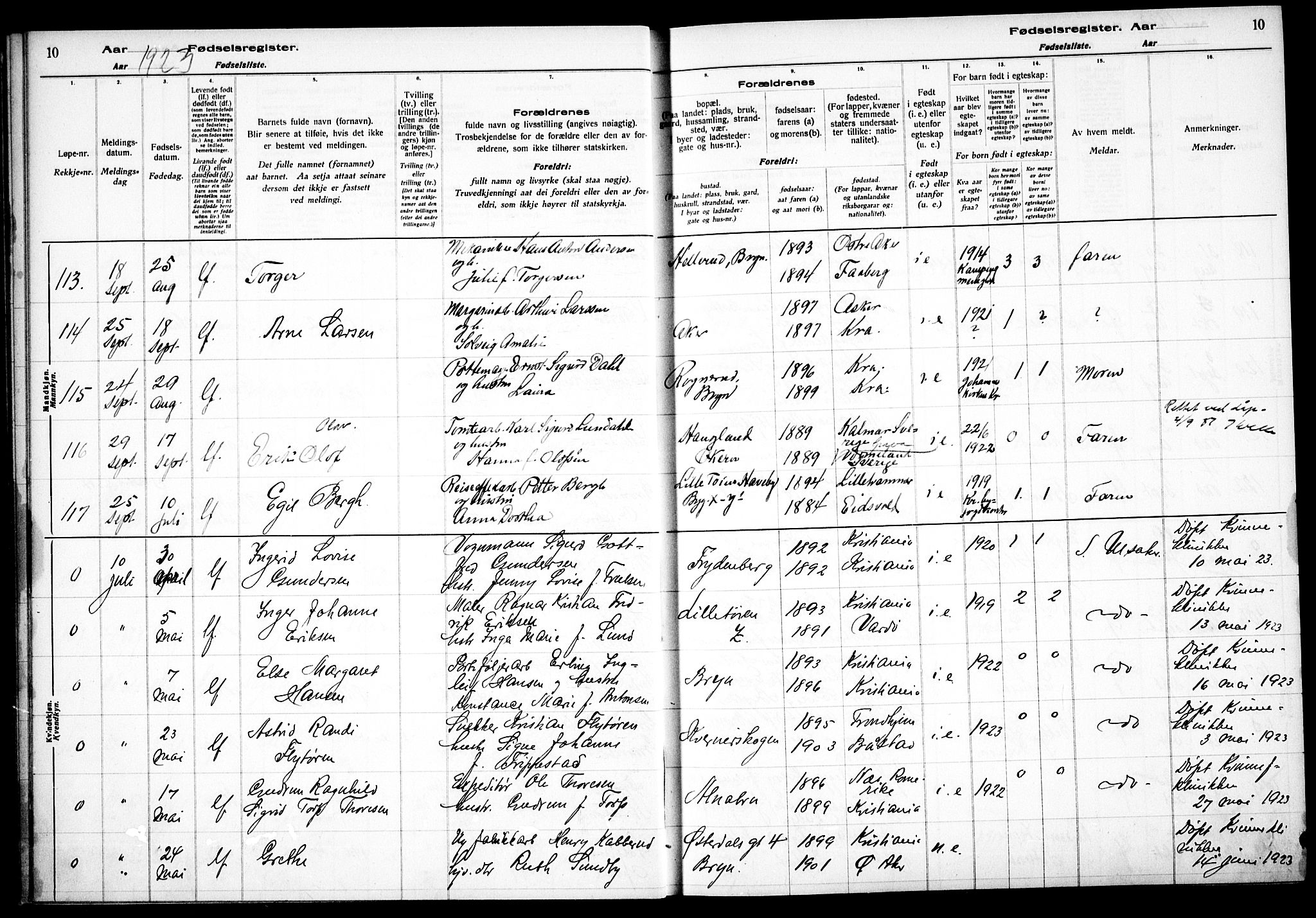 Østre Aker prestekontor Kirkebøker, AV/SAO-A-10840/J/Ja/L0002: Birth register no. I 2, 1923-1927, p. 10