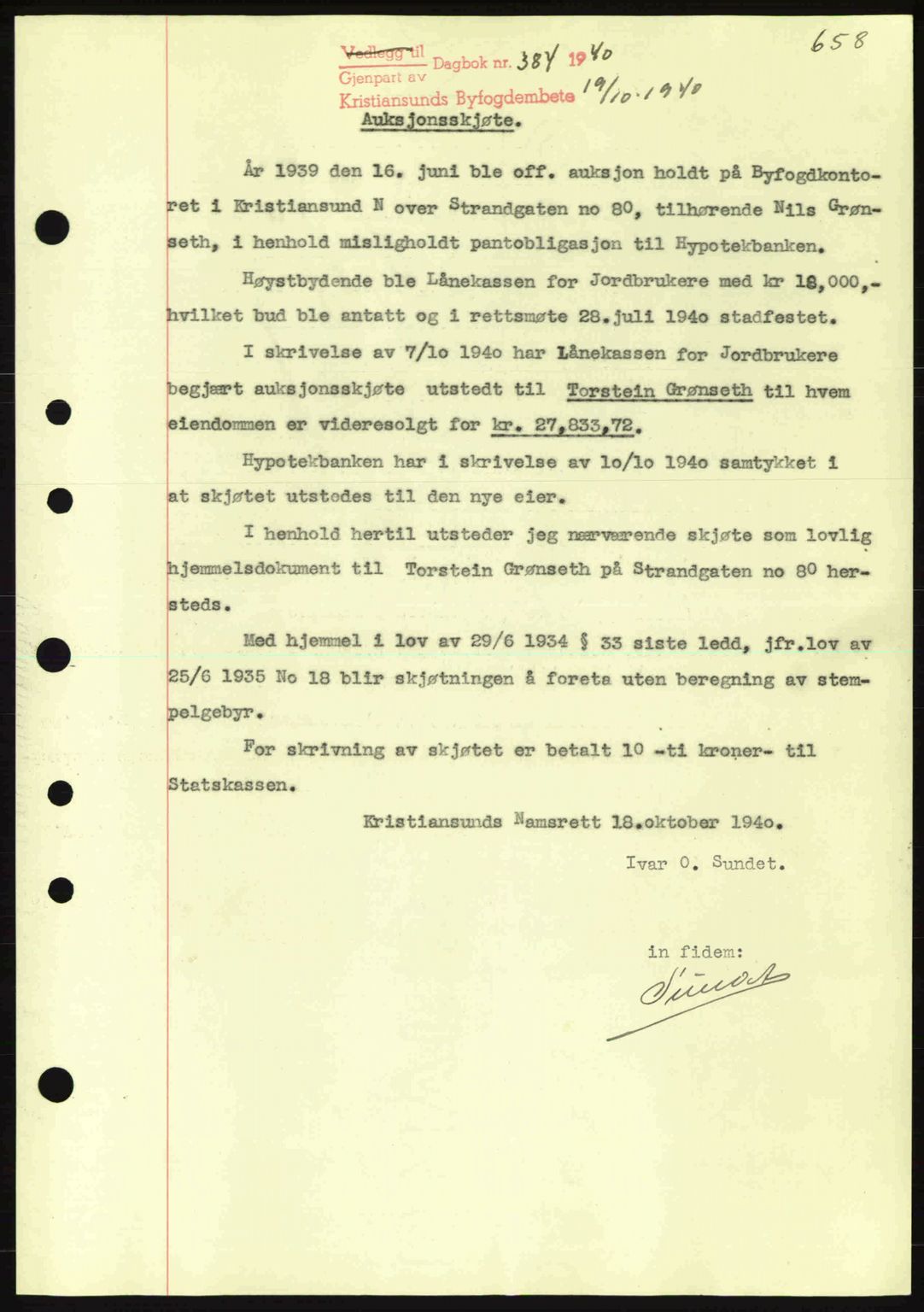 Kristiansund byfogd, AV/SAT-A-4587/A/27: Mortgage book no. 30, 1936-1941, Diary no: : 384/1940
