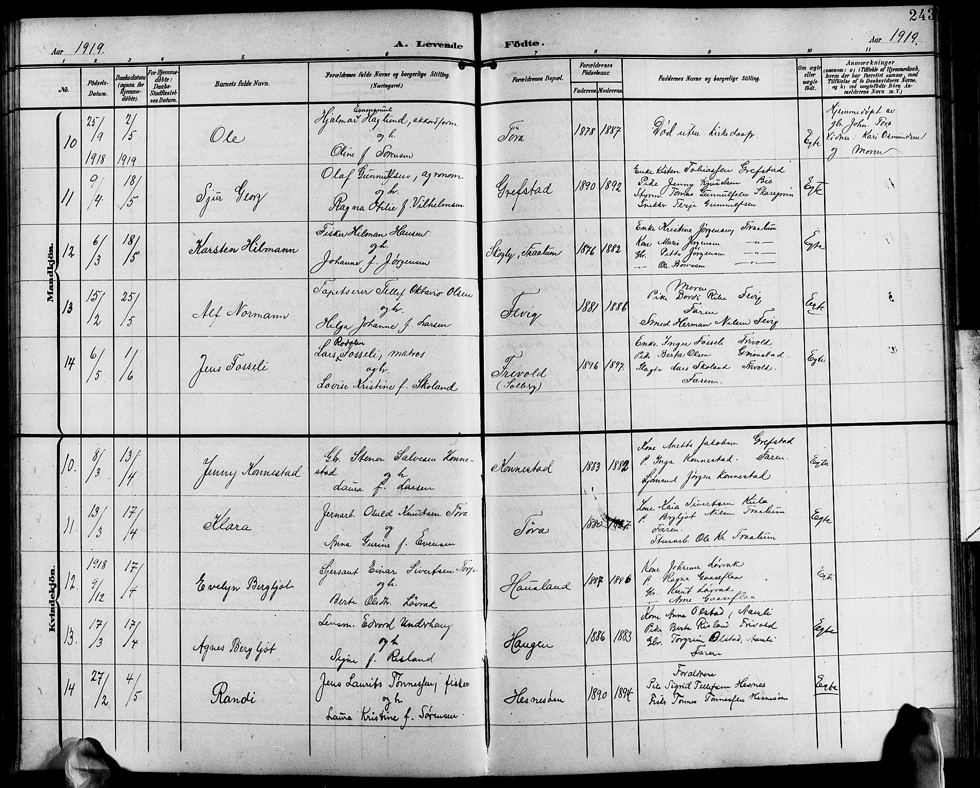 Fjære sokneprestkontor, SAK/1111-0011/F/Fb/L0012: Parish register (copy) no. B 12, 1902-1925, p. 243