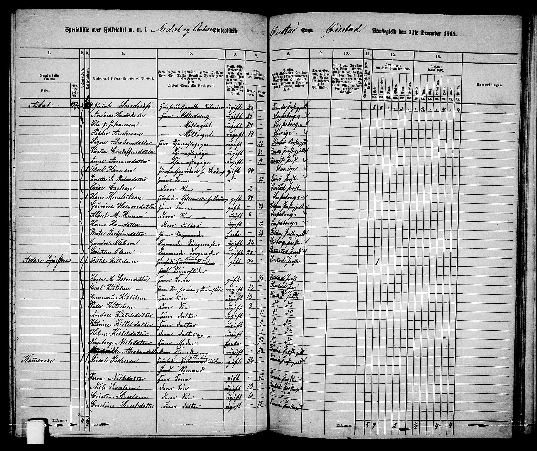 RA, 1865 census for Øyestad, 1865, p. 146