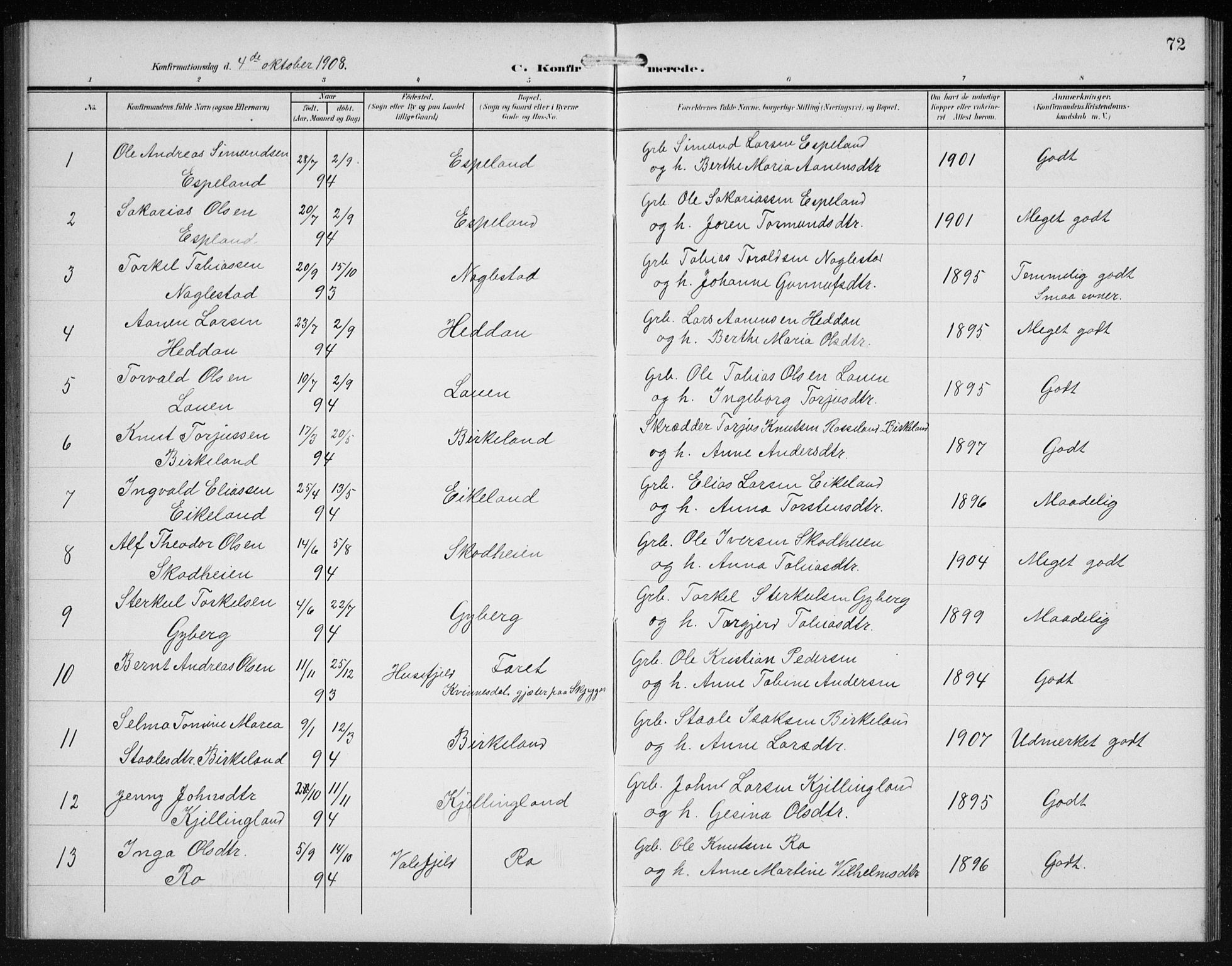 Hægebostad sokneprestkontor, AV/SAK-1111-0024/F/Fb/Fba/L0005: Parish register (copy) no. B 5, 1907-1931, p. 72