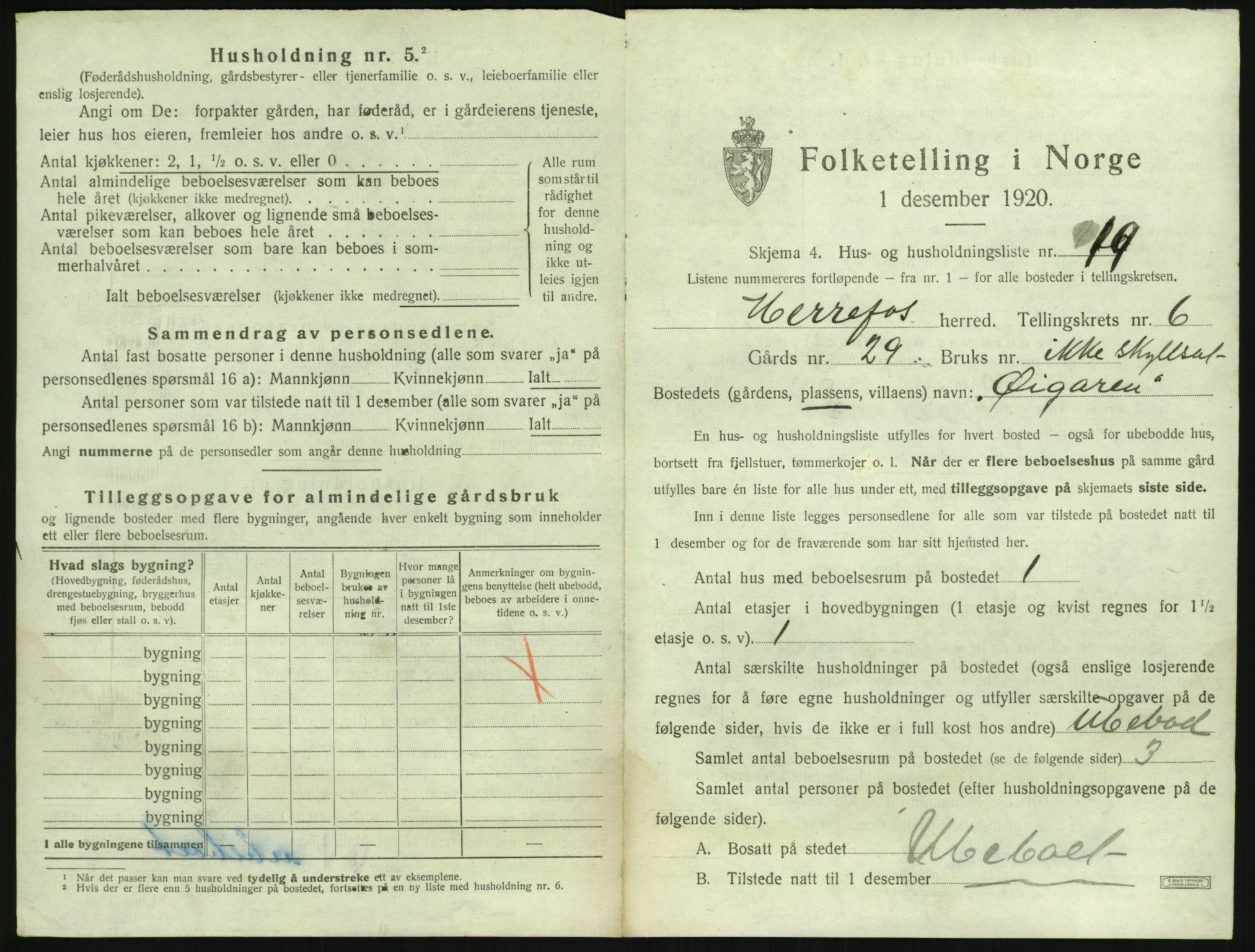 SAK, 1920 census for Herefoss, 1920, p. 228