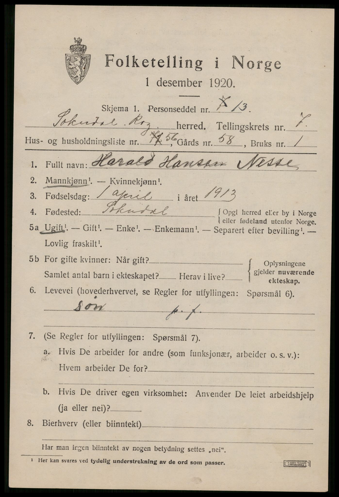 SAST, 1920 census for Sokndal, 1920, p. 4809