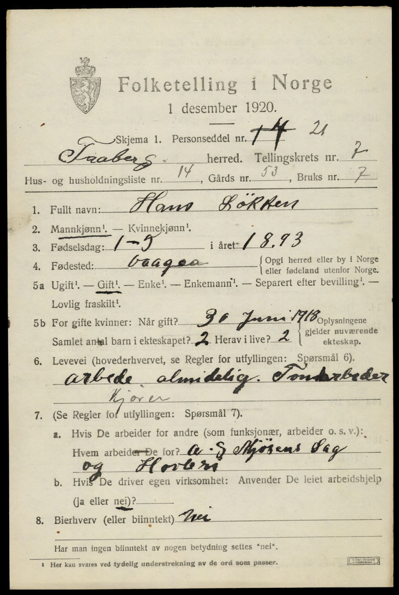 SAH, 1920 census for Fåberg, 1920, p. 8016