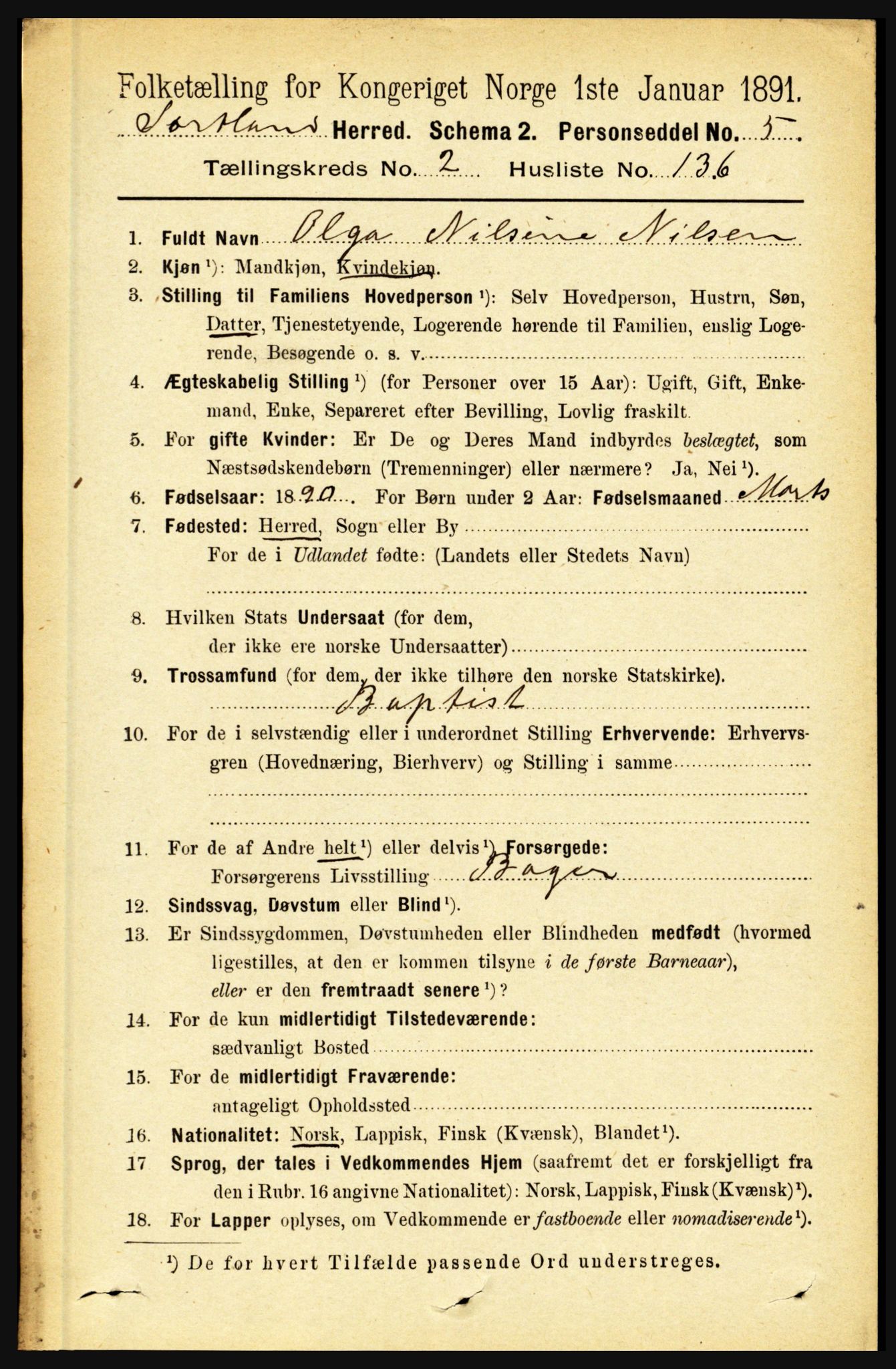 RA, 1891 census for 1870 Sortland, 1891, p. 2031