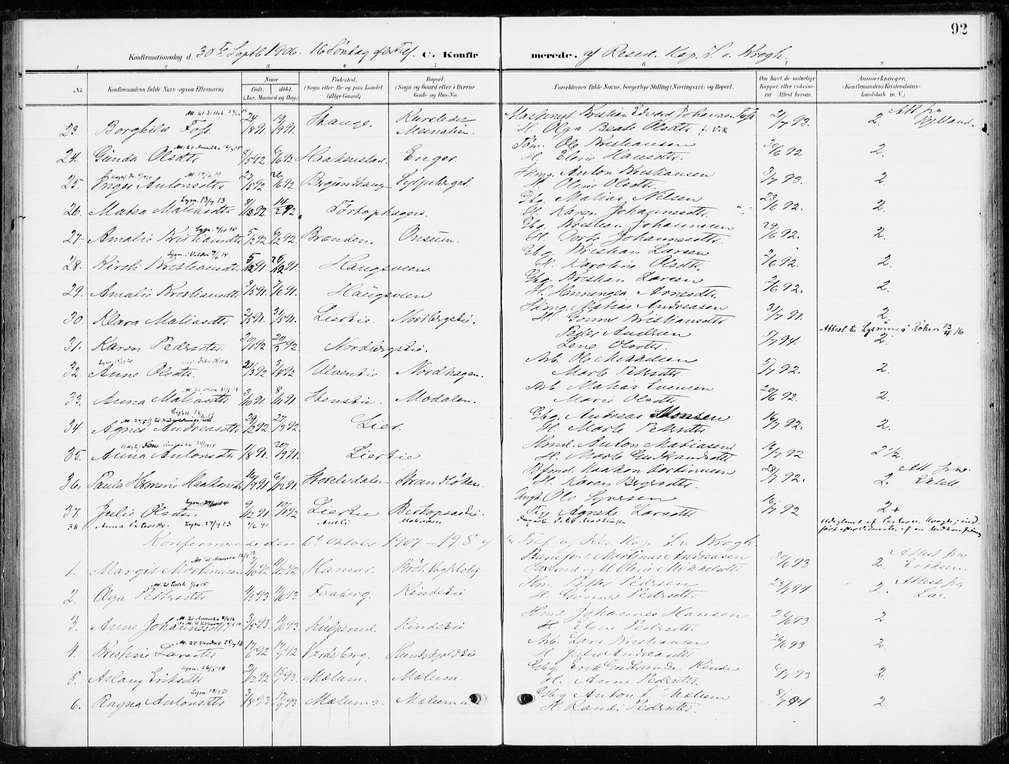 Ringsaker prestekontor, SAH/PREST-014/K/Ka/L0021: Parish register (official) no. 21, 1905-1920, p. 92