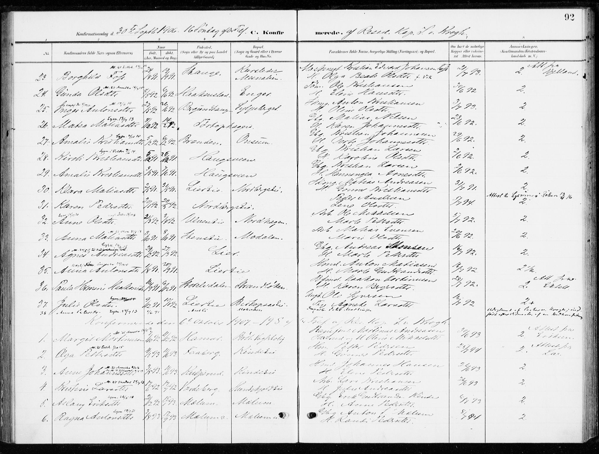 Ringsaker prestekontor, AV/SAH-PREST-014/K/Ka/L0021: Parish register (official) no. 21, 1905-1920, p. 92