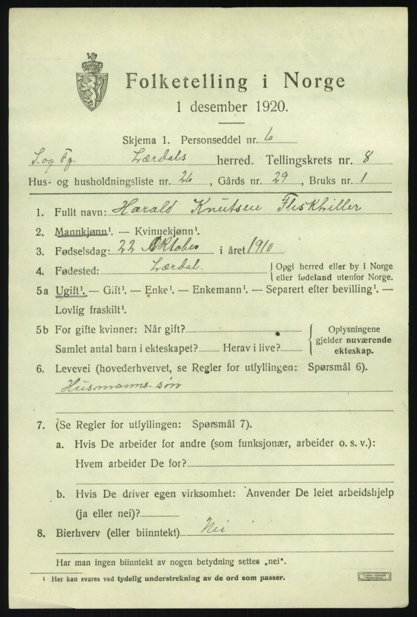 SAB, 1920 census for Lærdal, 1920, p. 4246