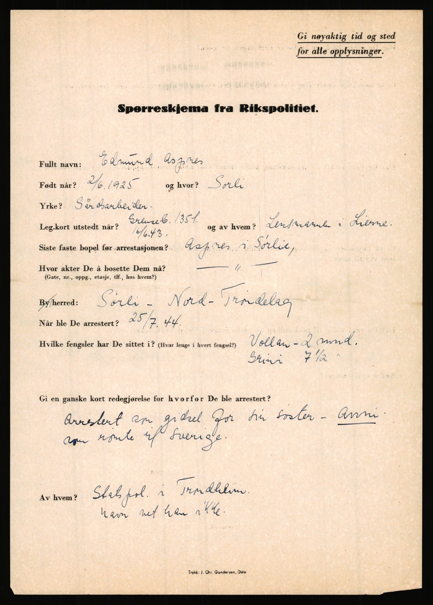 Rikspolitisjefen, AV/RA-S-1560/L/L0001: Abelseth, Rudolf - Berentsen, Odd, 1940-1945, p. 941