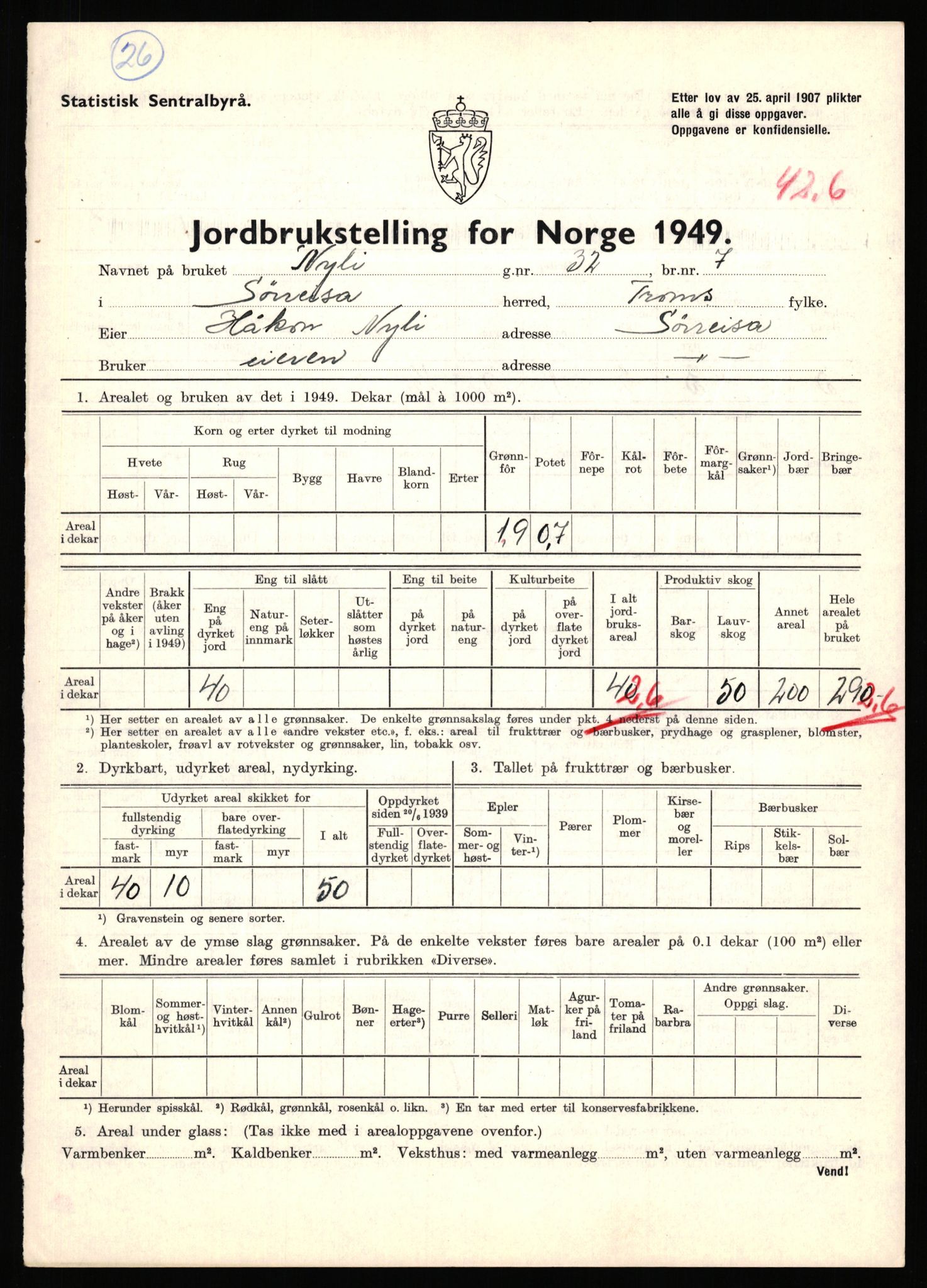 Statistisk sentralbyrå, Næringsøkonomiske emner, Jordbruk, skogbruk, jakt, fiske og fangst, AV/RA-S-2234/G/Gc/L0440: Troms: Sørreisa og Dyrøy, 1949, p. 521