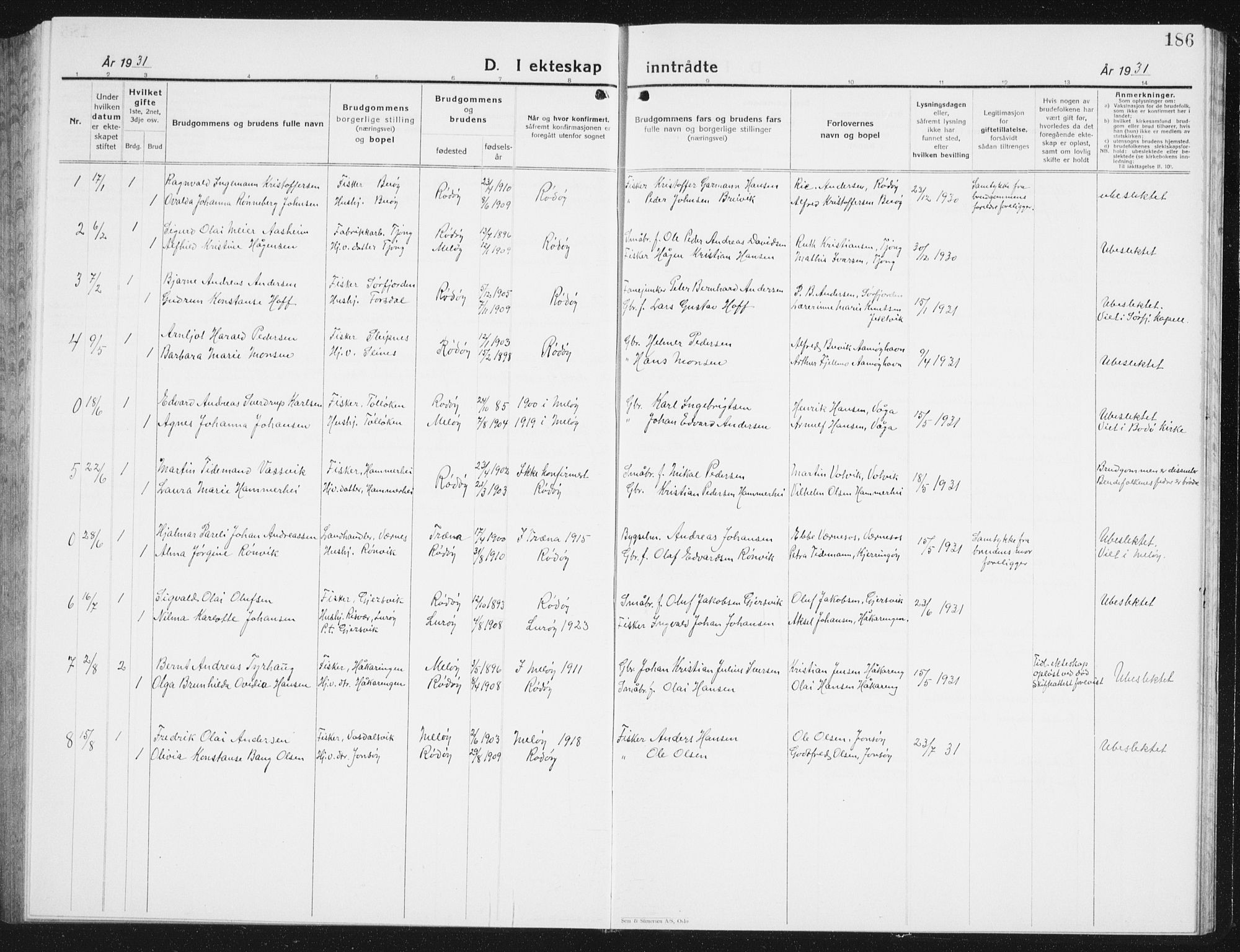 Ministerialprotokoller, klokkerbøker og fødselsregistre - Nordland, SAT/A-1459/841/L0622: Parish register (copy) no. 841C06, 1924-1942, p. 186