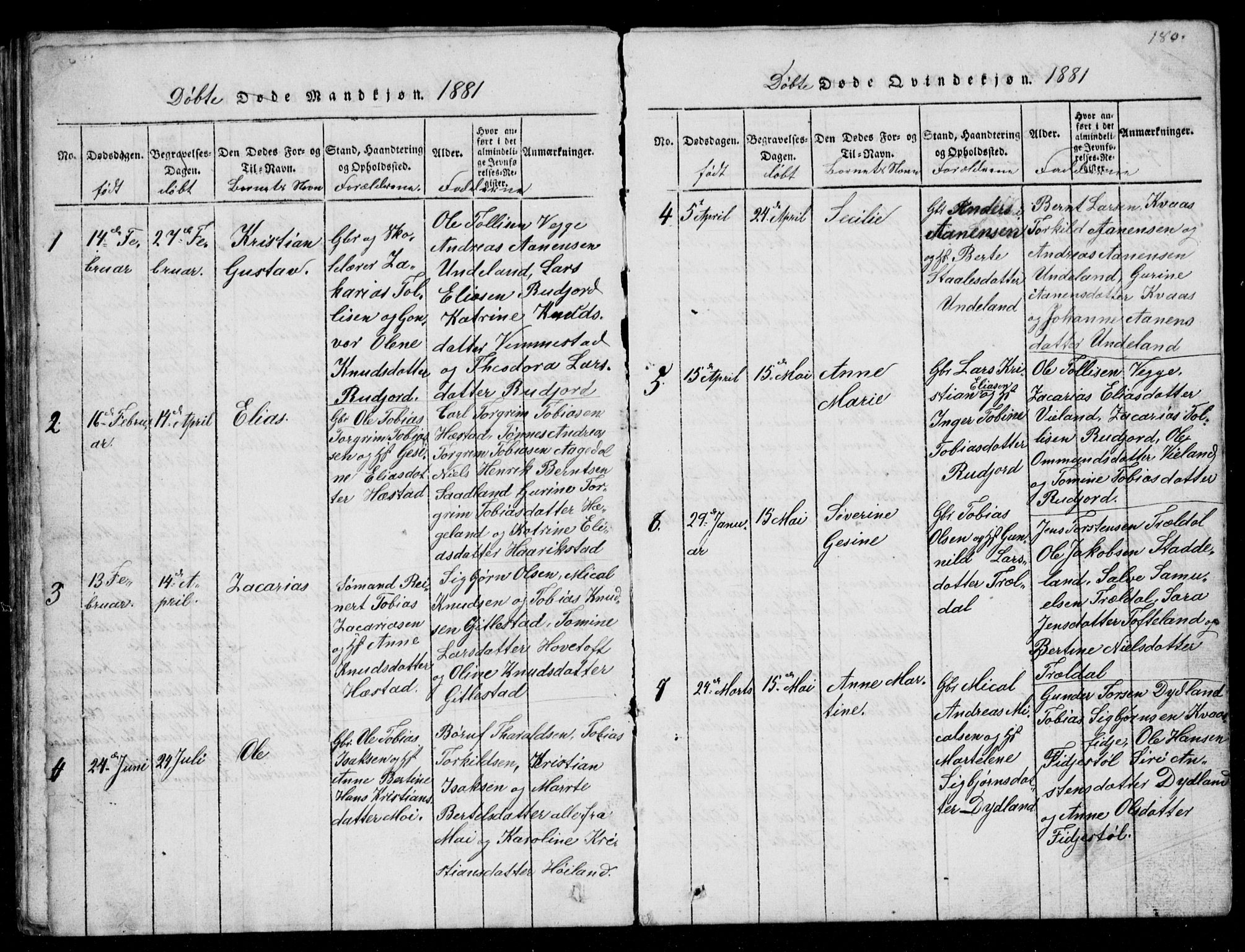 Lyngdal sokneprestkontor, AV/SAK-1111-0029/F/Fb/Fbb/L0001: Parish register (copy) no. B 1, 1816-1900, p. 180