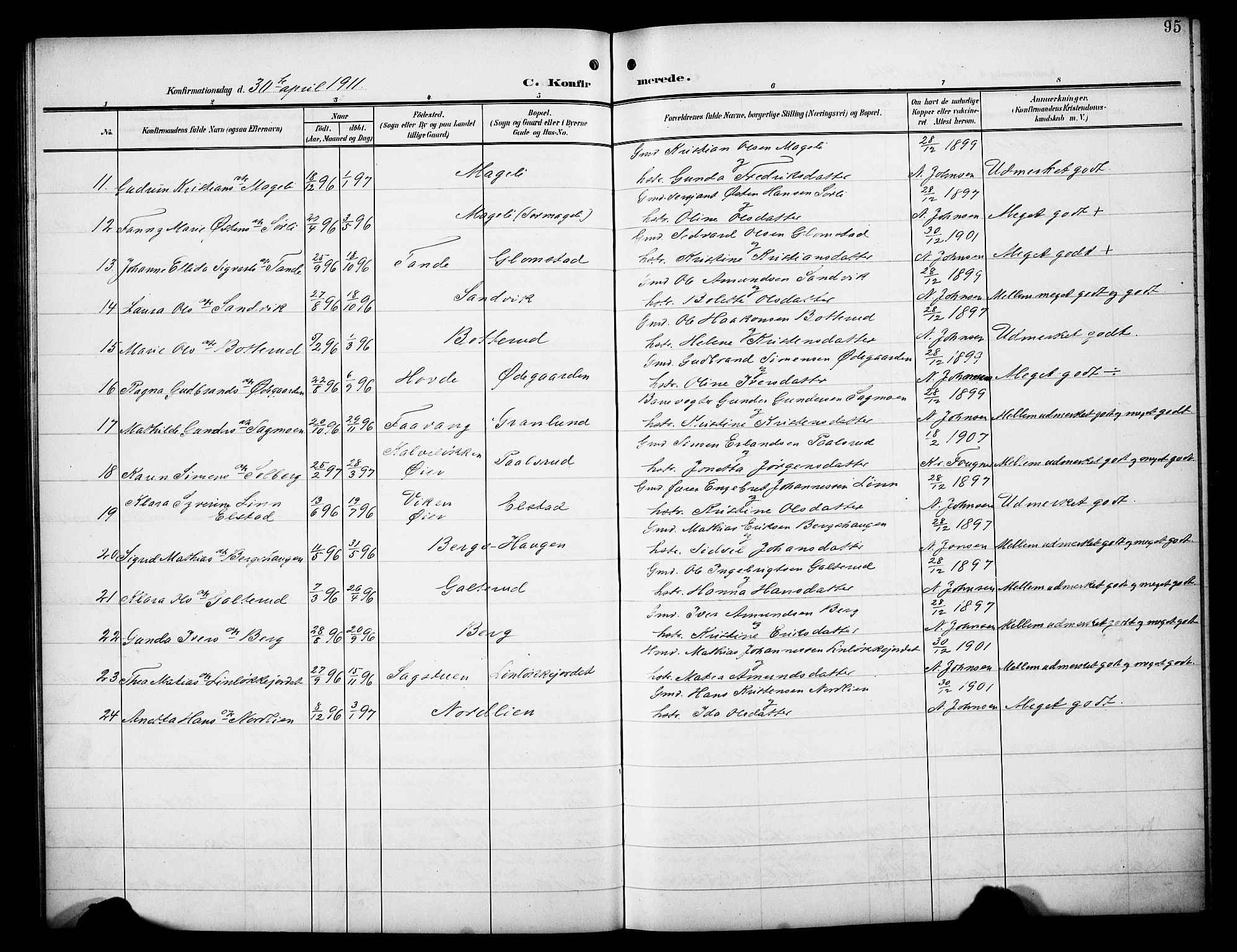 Øyer prestekontor, SAH/PREST-084/H/Ha/Hab/L0006: Parish register (copy) no. 6, 1906-1929, p. 95