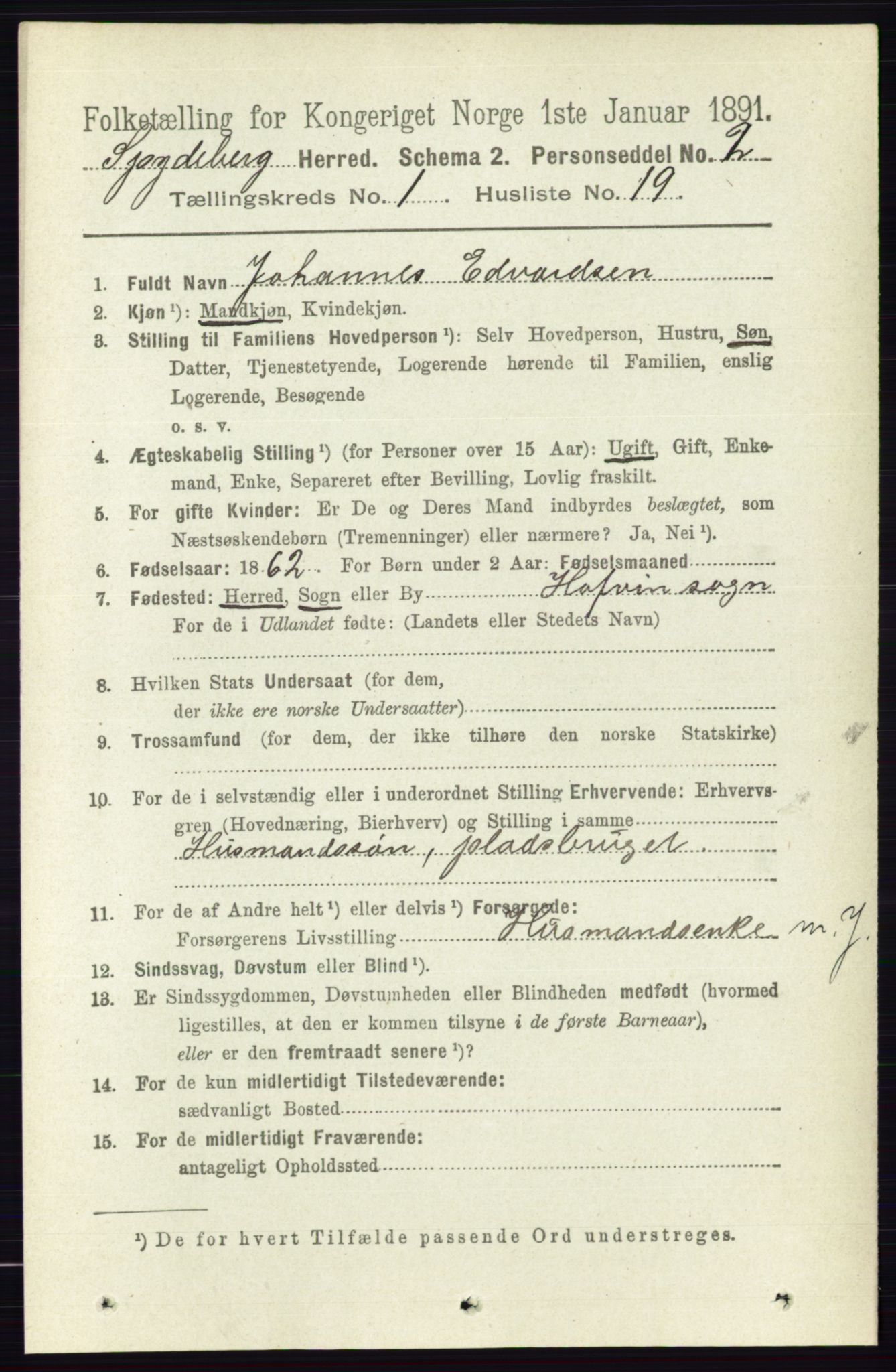 RA, 1891 census for 0123 Spydeberg, 1891, p. 274
