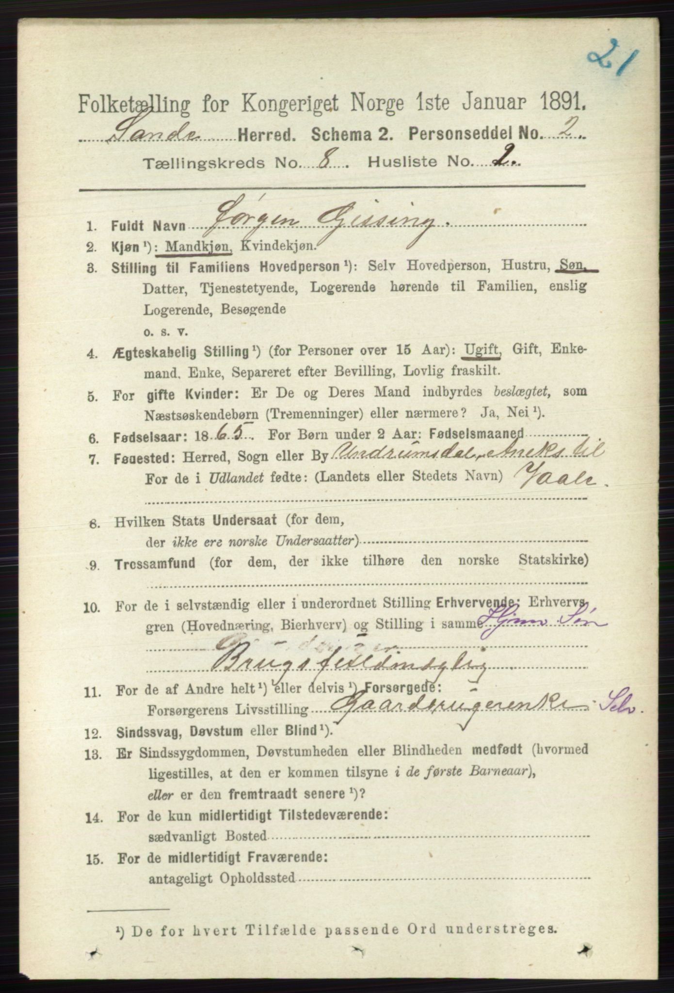 RA, 1891 census for 0713 Sande, 1891, p. 3534