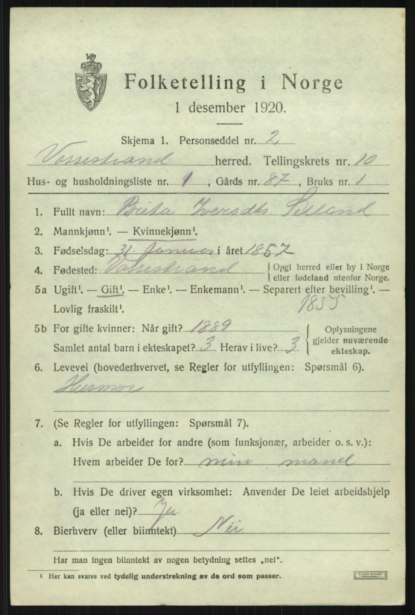 SAB, 1920 census for Vossestrand, 1920, p. 4228