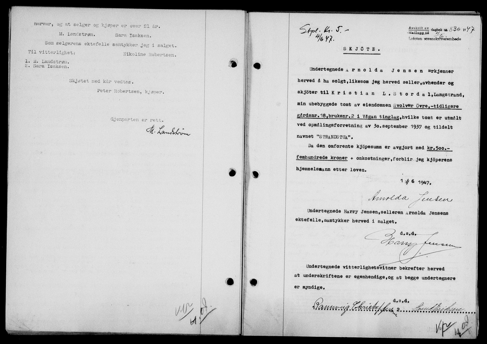 Lofoten sorenskriveri, SAT/A-0017/1/2/2C/L0016a: Mortgage book no. 16a, 1947-1947, Diary no: : 836/1947