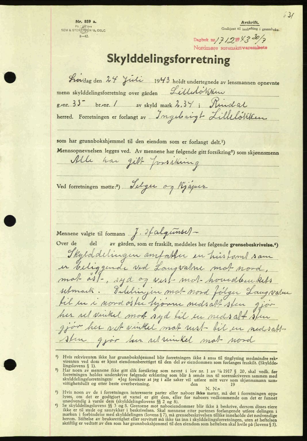 Nordmøre sorenskriveri, AV/SAT-A-4132/1/2/2Ca: Mortgage book no. A95, 1943-1943, Diary no: : 1712/1943