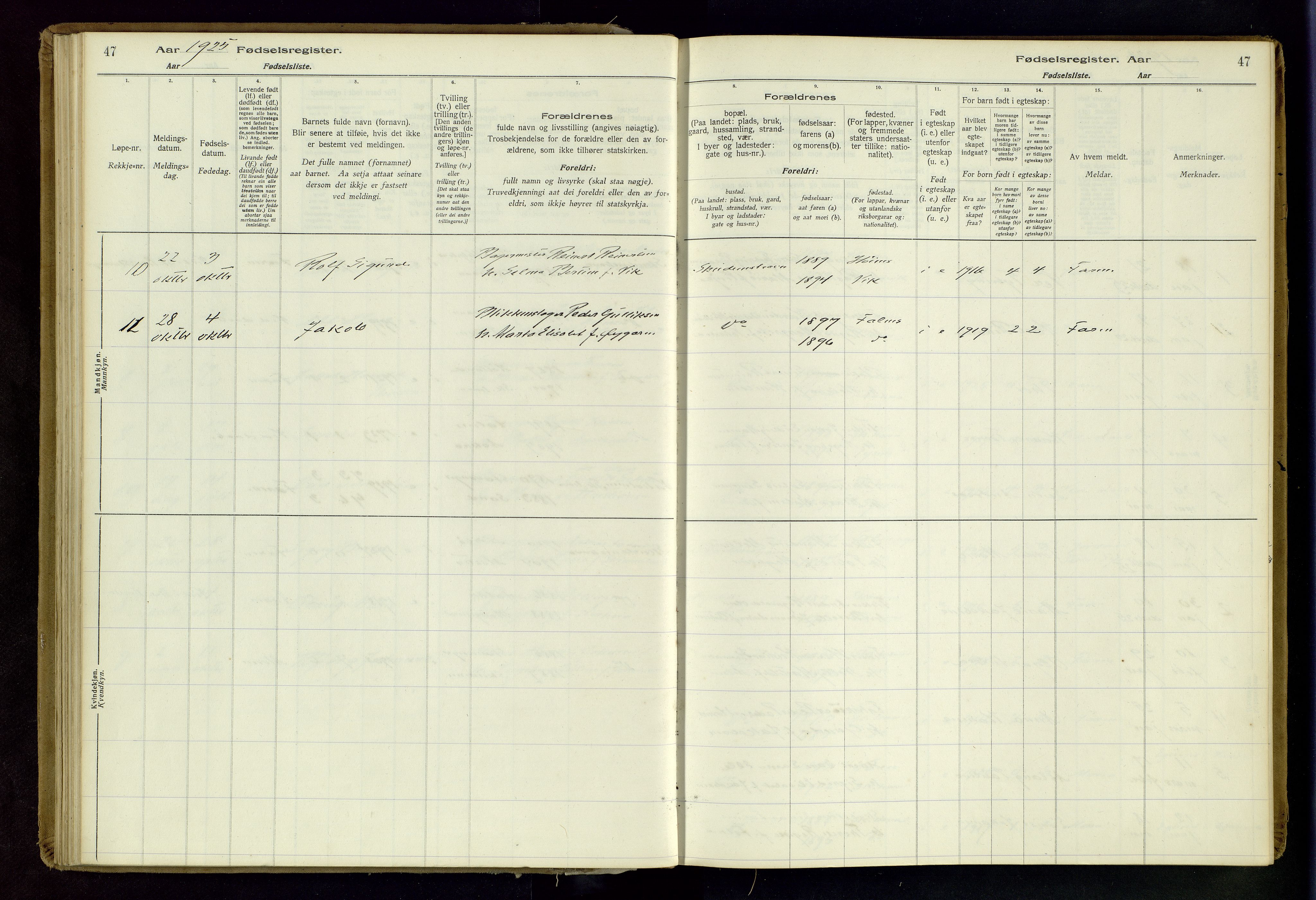 Skudenes sokneprestkontor, AV/SAST-A -101849/I/Id/L0003: Birth register no. 3, 1916-1964, p. 47